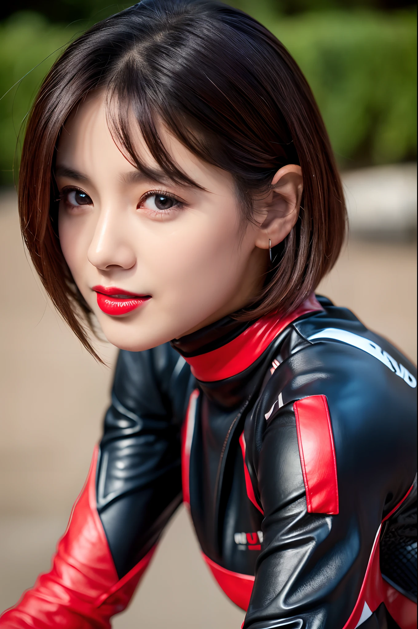 8k,超A high resolution,top-quality、masterpiece、The ultra -The high-definition、(Realistic in photos:1.4)、(1girl in)、(riding on motorcycle)、long-sleeve、(Leather black and red racing suit)、(Mid Shorthair)、(wetting hair)、ultra detailed human face、ultradetailed teeth、red lipsticks、circuit、Race bikes、