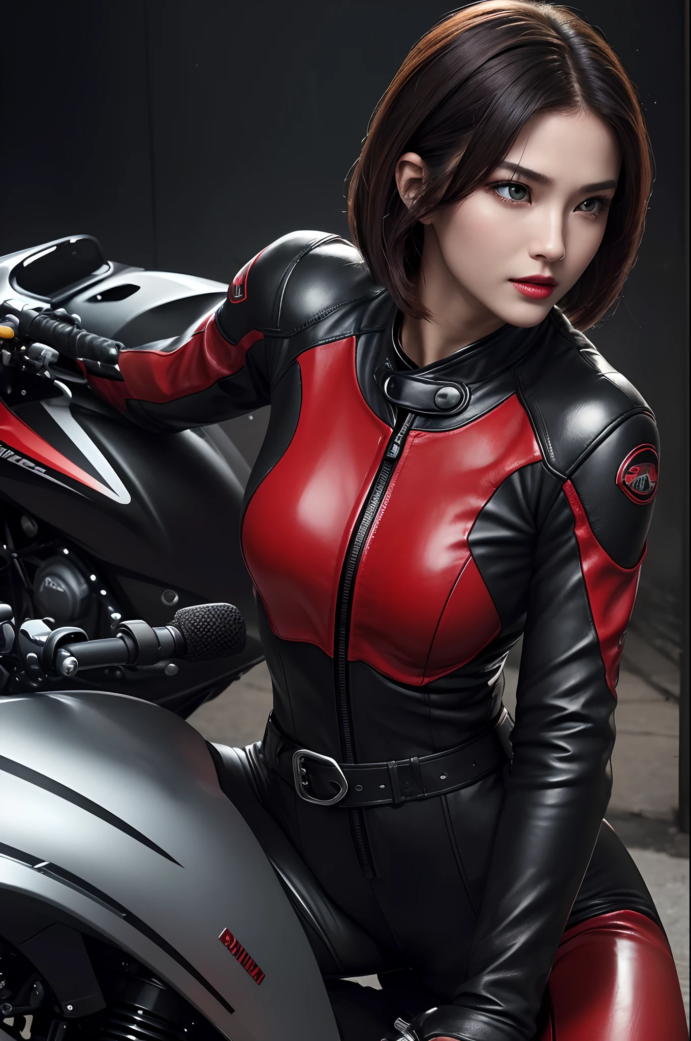 8k,超A high resolution,top-quality、masterpiece、The ultra -The high-definition、(Realistic in photos:1.4)、(1girl in)、(riding on motorcycle)、long-sleeve、(Leather Black and Red Sexy Racing Suit)、(Mid Shorthair)、(wetting hair)、ultra detailed human face、ultradetailed teeth、red lipsticks、circuit、Race bikes、enticing,large full breasts,A seductive gaze,