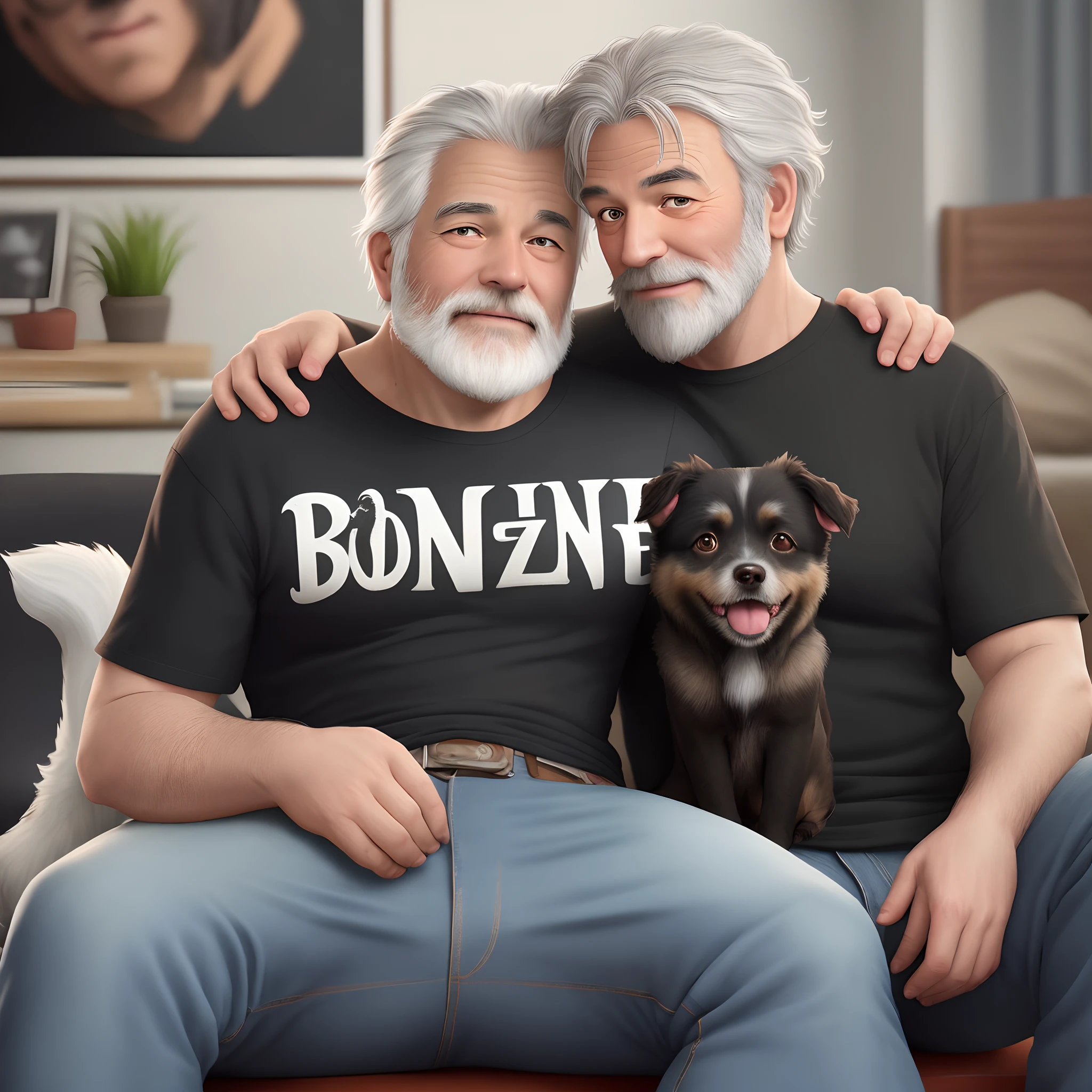 Create a Pixar-style poster. This poster must have a white and brown shitzu dog lying on a man's lap, around 50 years old, brown and slightly gray hair on the top of her head, a sparse gray beard. The man is wearing jeans and a black t-shirt. The title should say: "Bonnie and Nico"