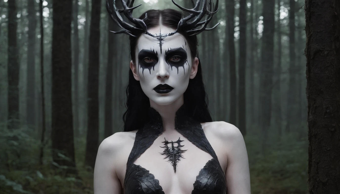 Half body shot of a pale white skin naked woman with black metal make-up in a dark forest, forest at night, horror movie, ultra detailed, photorealistic, masterpiece.