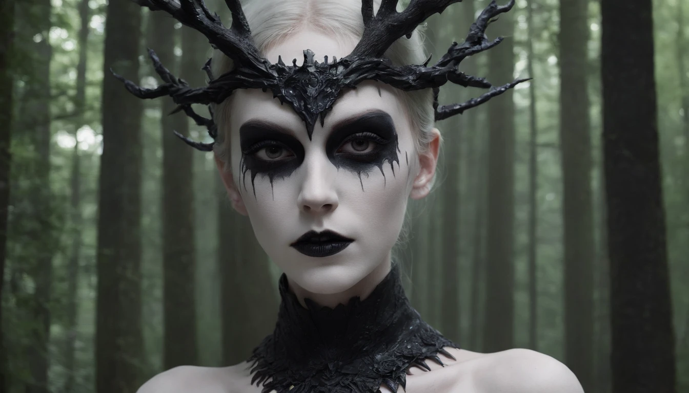 Half body shot of a pale white skin naked woman with white eyes and black metal make-up in a dark forest, forest at night, horror movie, white eyed woman, ultra detailed, photorealistic, masterpiece.