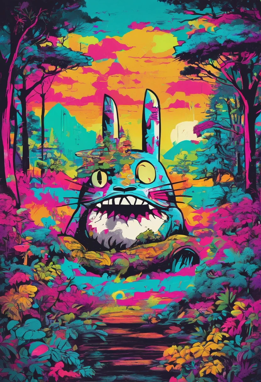 prompt: graffiti, Monstres, Full image, High Resolution High Contrast Totoro Neon Japanese Forest Decor