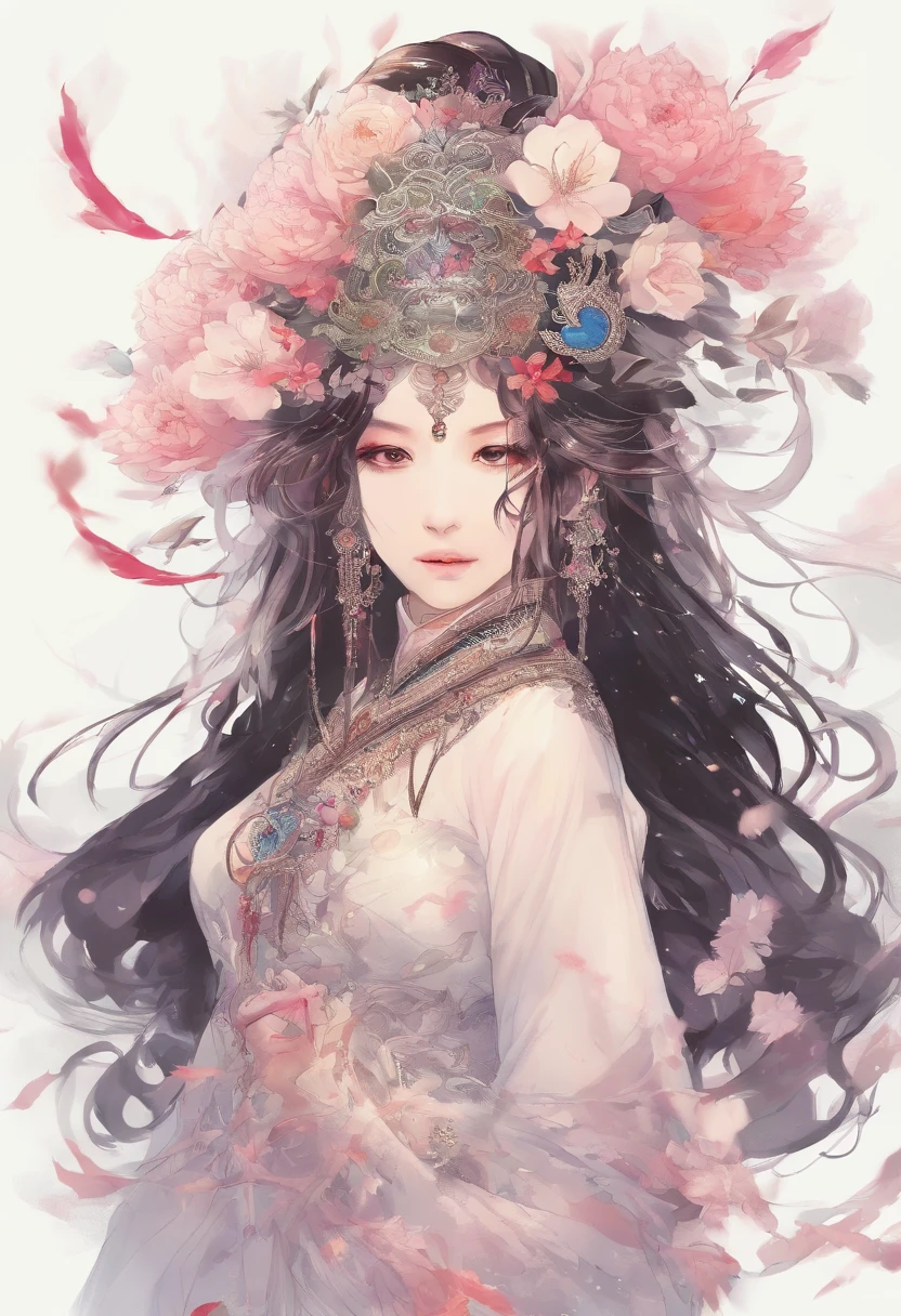 Chinese ink style，ink and watercolor painting，water ink，ink，Smudge，swordsmen，Woman，White voluminous robes，long sword，long whitr hair，（（（Blue-purple lot））），（（peony flowers a lot）），（（vine）），（（leafs）），（（complex picture）），（（（Meticulous portrayal））），（（（Delicate face））），Brilliant colors，（（（Super fine hair drawn））），（（High definition of hair））， （（（super-fine）））， style of anime， lightand shade contrast， depth of fields， The light from the back window is backlighted， Full body like，motion video， stereoscopic perspective， tmasterpiece，（（ super detailing））， high detal， high qulity， 4K， best qualtiy， A high resolution，（（（ink wash style））