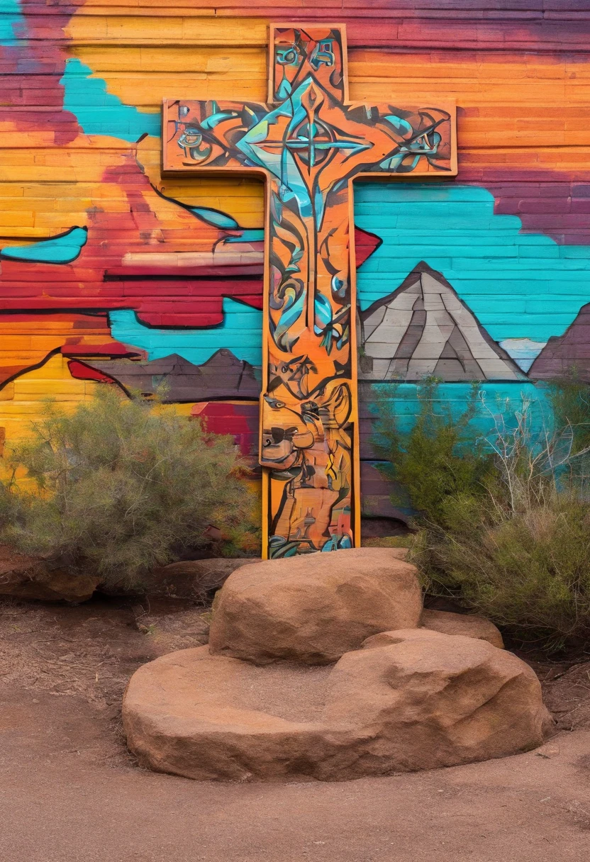 Sedona Arizona mountain ledge closeup with three wooden crosses in the ground next to a miniature sheltie