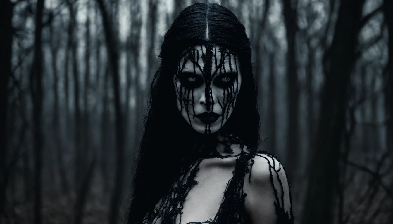 Half body shot of a pale white skin naked woman with black metal make-up in a dark forest, forest at night, horror movie, ultra detailed, photorealistic, masterpiece.