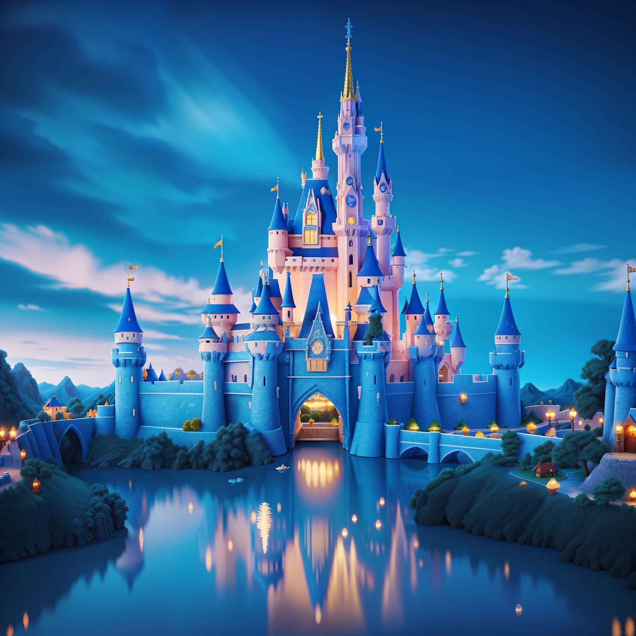 disney blue castle landscape, high quality