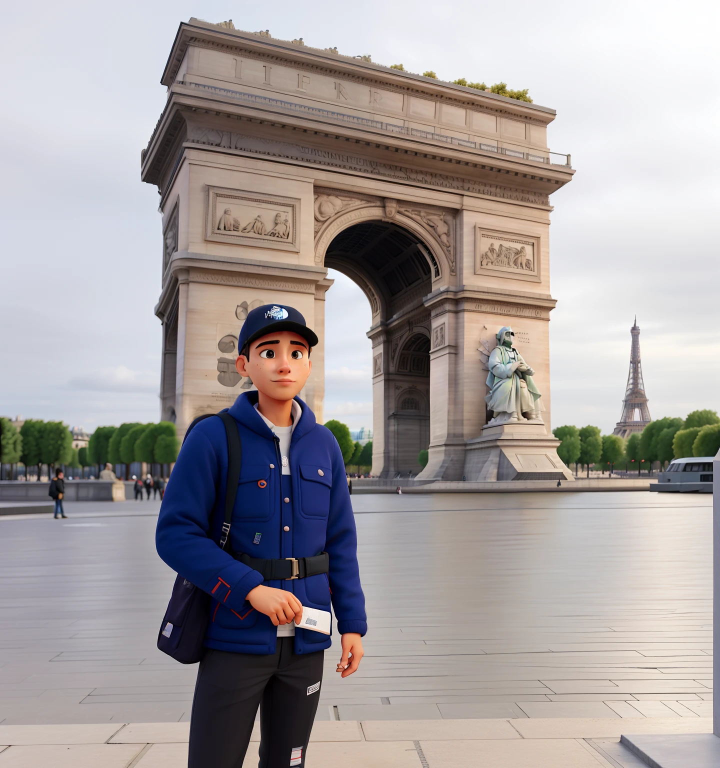 knowing the monument in Paris France with clothes of north face