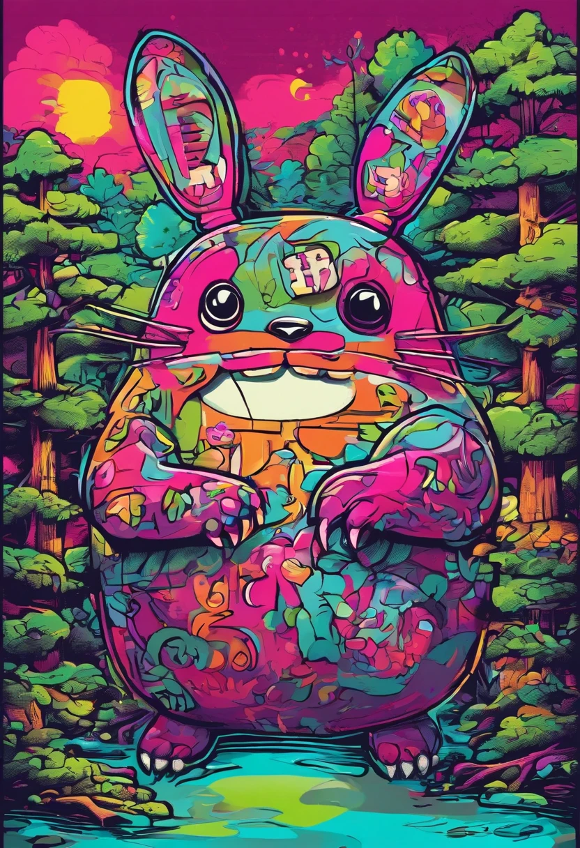 prompt: graffiti, Monstres, Full image, High Resolution High Contrast Totoro Neon Japanese Forest Decor