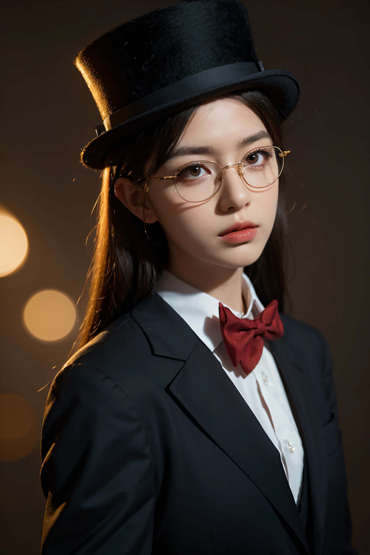 Fantasy style, owl in a top hat, suit dress, red bow tie, single-rimmed gold wire glasses, close-up, gloomy background, mysterious atmosphere
