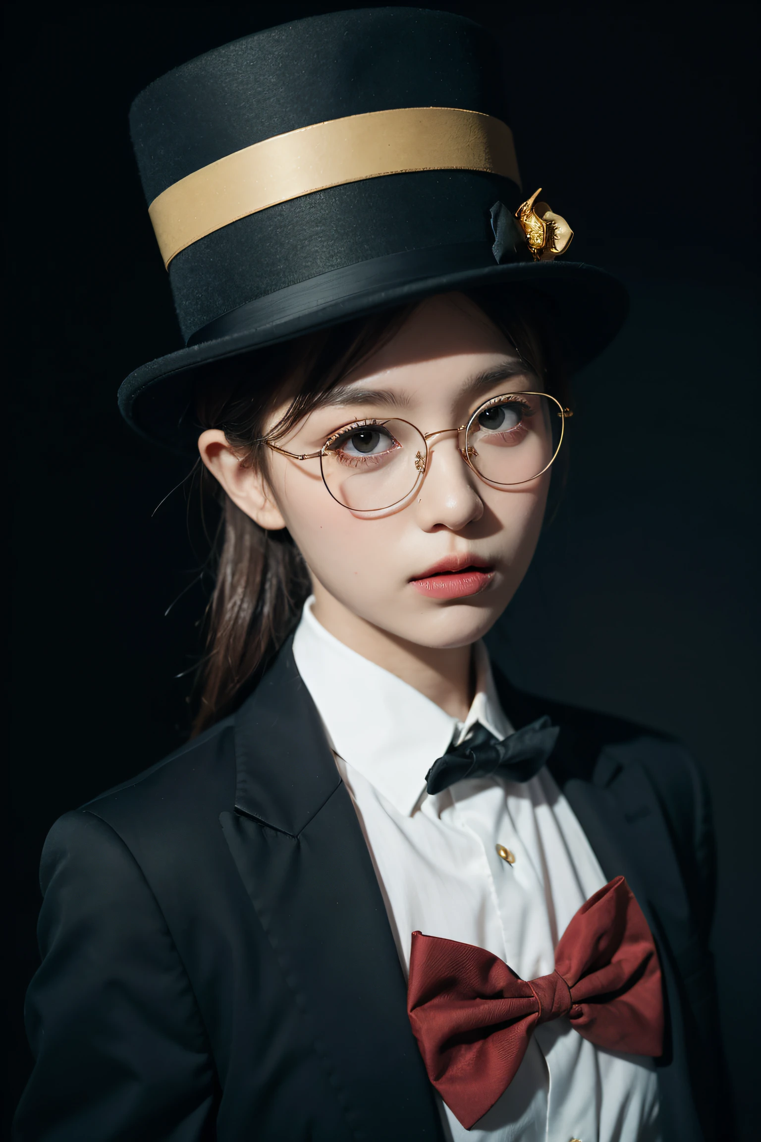 Fantasy style, owl in a top hat, suit dress, red bow tie, single-rimmed gold wire glasses, close-up, gloomy background, mysterious atmosphere