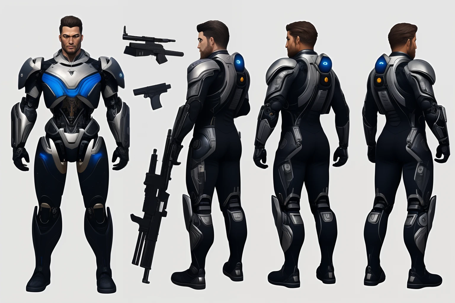 ((Masterpiece, Highest quality)), Detailed face, character design sheet full bodyesbian, Full of details, frontal body view, back body view, Highly detailed, Depth, Many parts, male cyborg with guns，full weapons, muscular, futuristic costumes, marksman