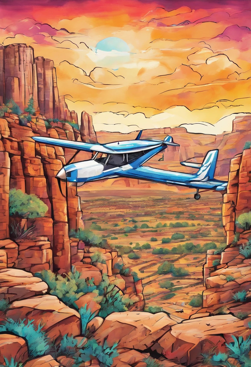 Sedona Arizona mountain ledge closeup with three wooden crosses in the ground next to a miniature sheltie and a blue and white airplane in the sky with mesas in the background, sharp details, vivid watercolor style