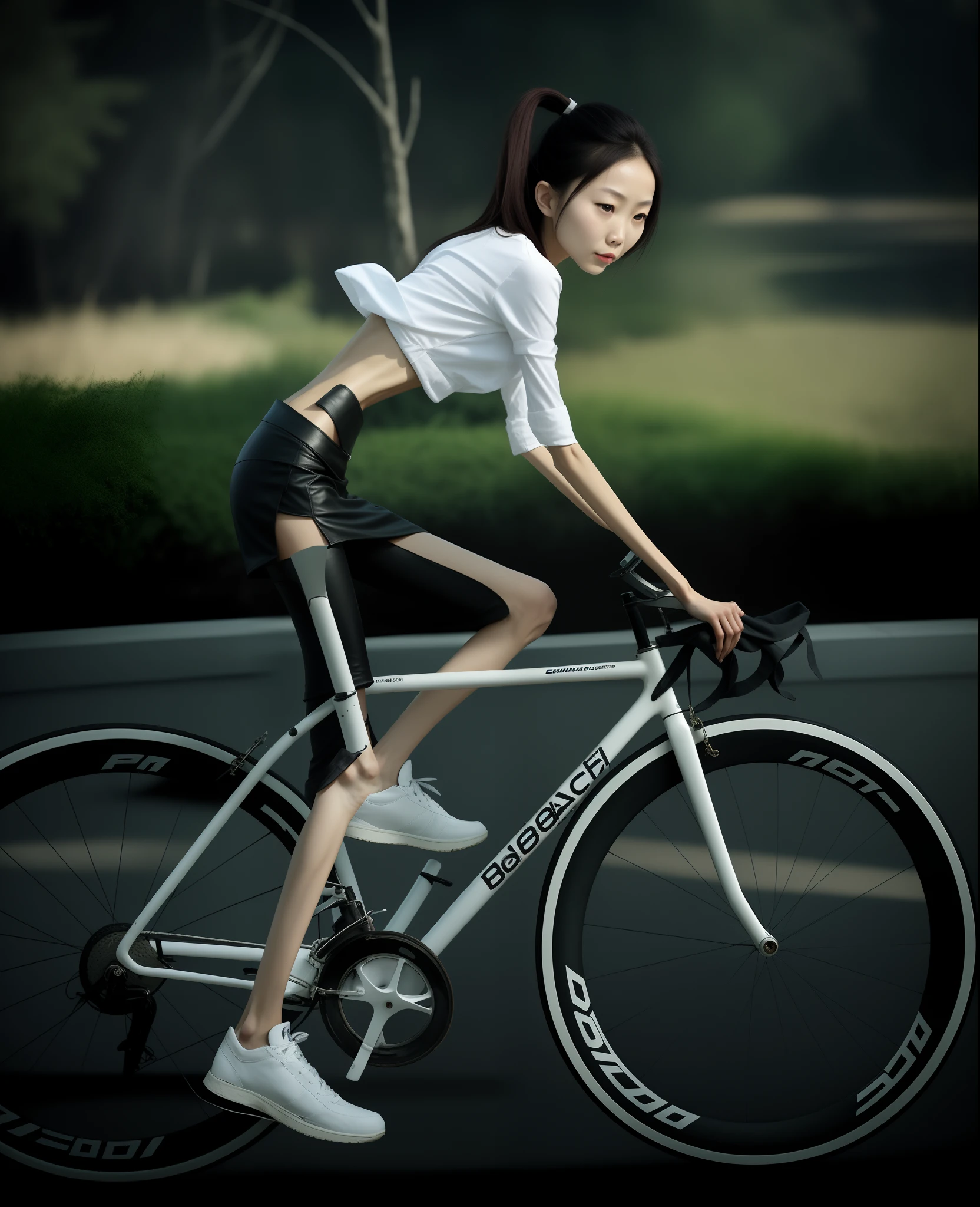 Emaciated body and hungry stomach,Very slim waist and legs,Thin figure,Sunken abdomen,Excessive weight loss,Leather skirt
