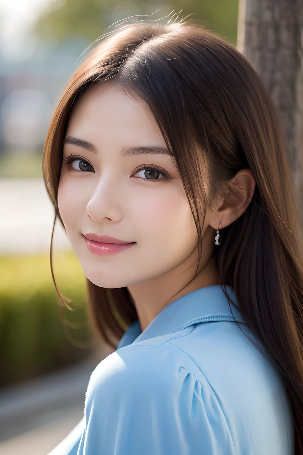 1womanl、hyperdetailed face、Detailed lips、A detailed eye、二重まぶた、ssmile、、large full breasts、Small nose