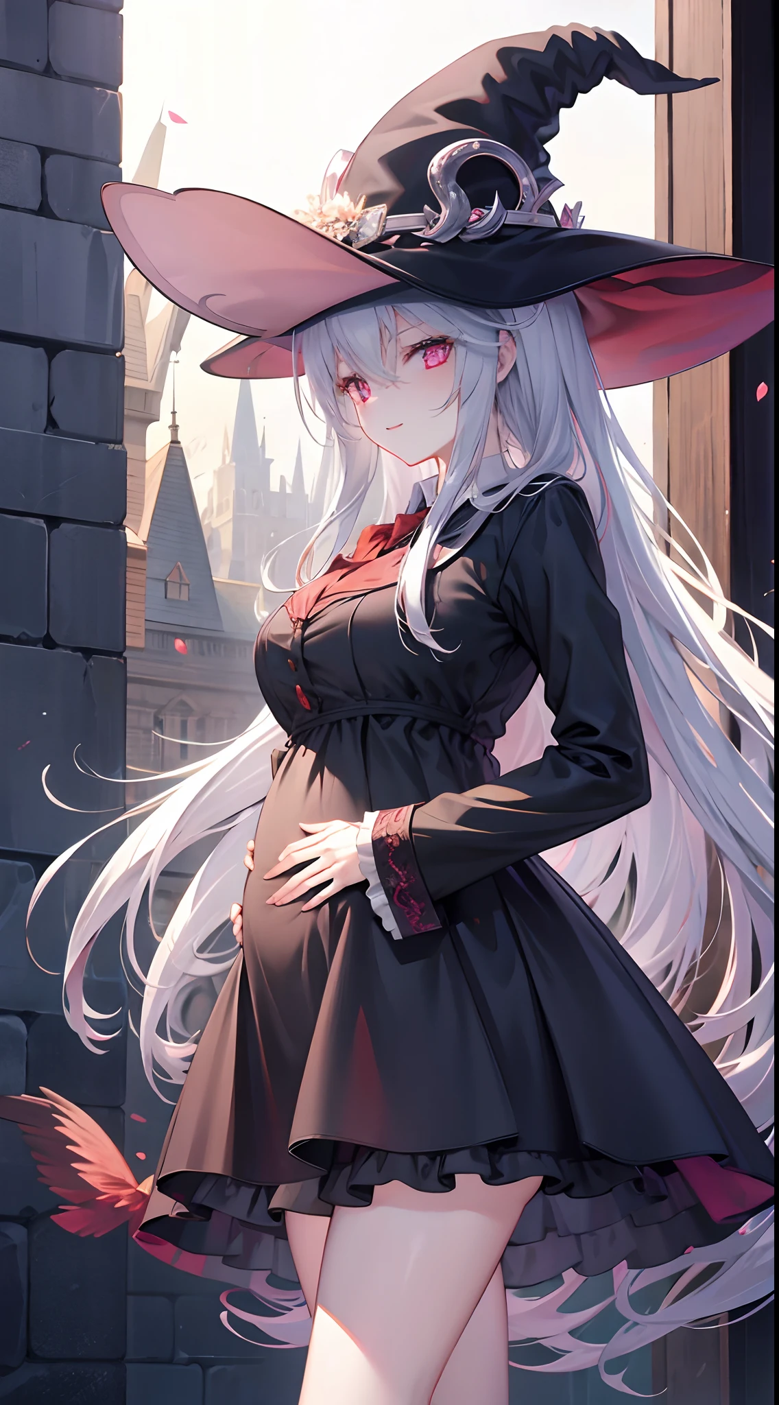 the witch，Hell scenes，Dark wind, black skirt, pregnant, red eyes