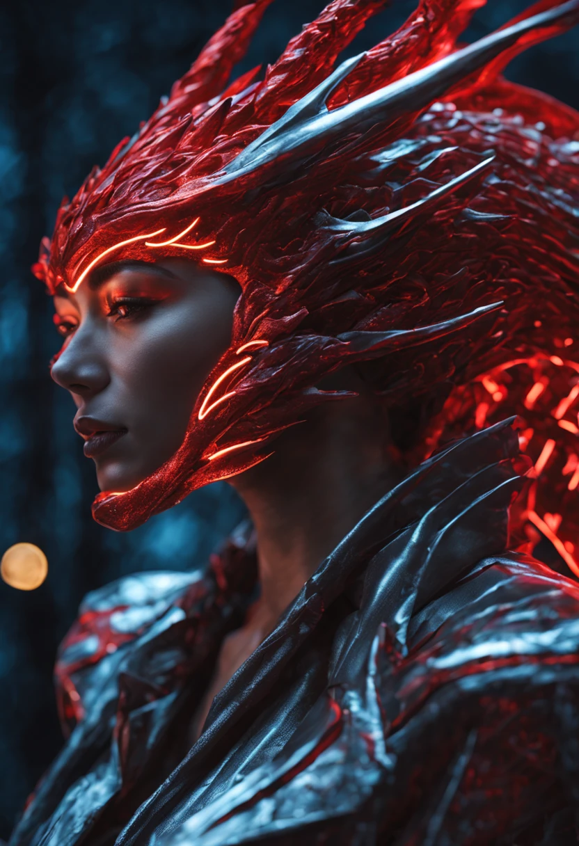 Beautiful hyper realistic photograph of a beautiful Cyberpunk Red and Silver Dragon Lady, Neon highlights, Flkying above a forest at night, moonlight, ,abstract beauty, near perfection, pure form, Golden Ratio, concept art,