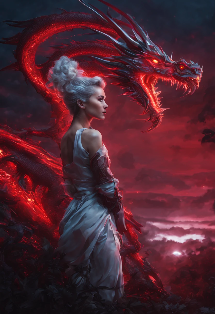 Beautiful hyper realistic photograph of a beautiful Cyberpunk Red and Silver Dragon Lady,  Neon highlights, Flkying above a forest at night, moonlight, ,abstract beauty, near perfection, pure form, Golden Ratio, concept art,