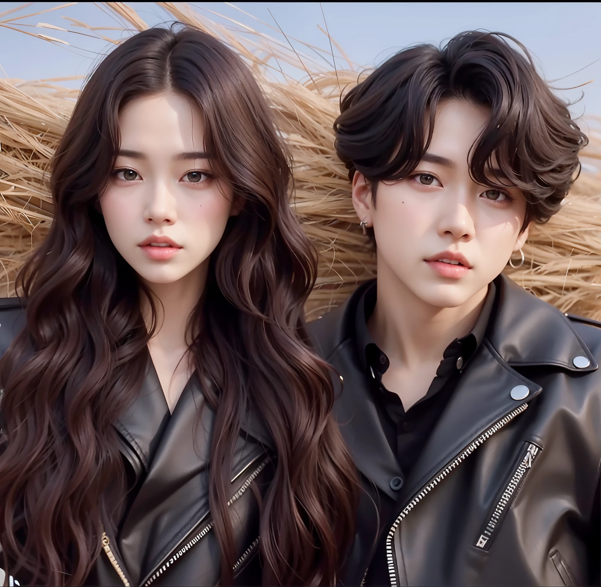 Araffes are wearing black leather jackets and posing for a photo, Fanart oficial, Fanart de alta qualidade, Arte no estilo de Guweiz, fotorrealista!!!!!!! estilo de arte, realismo artstyle, estilo de arte realista, [ Arte digital 4K ]!!, Fanart, inspirado em Yanjun Cheng, & Jeehyung Lee & WLOP, fan art, official fan art