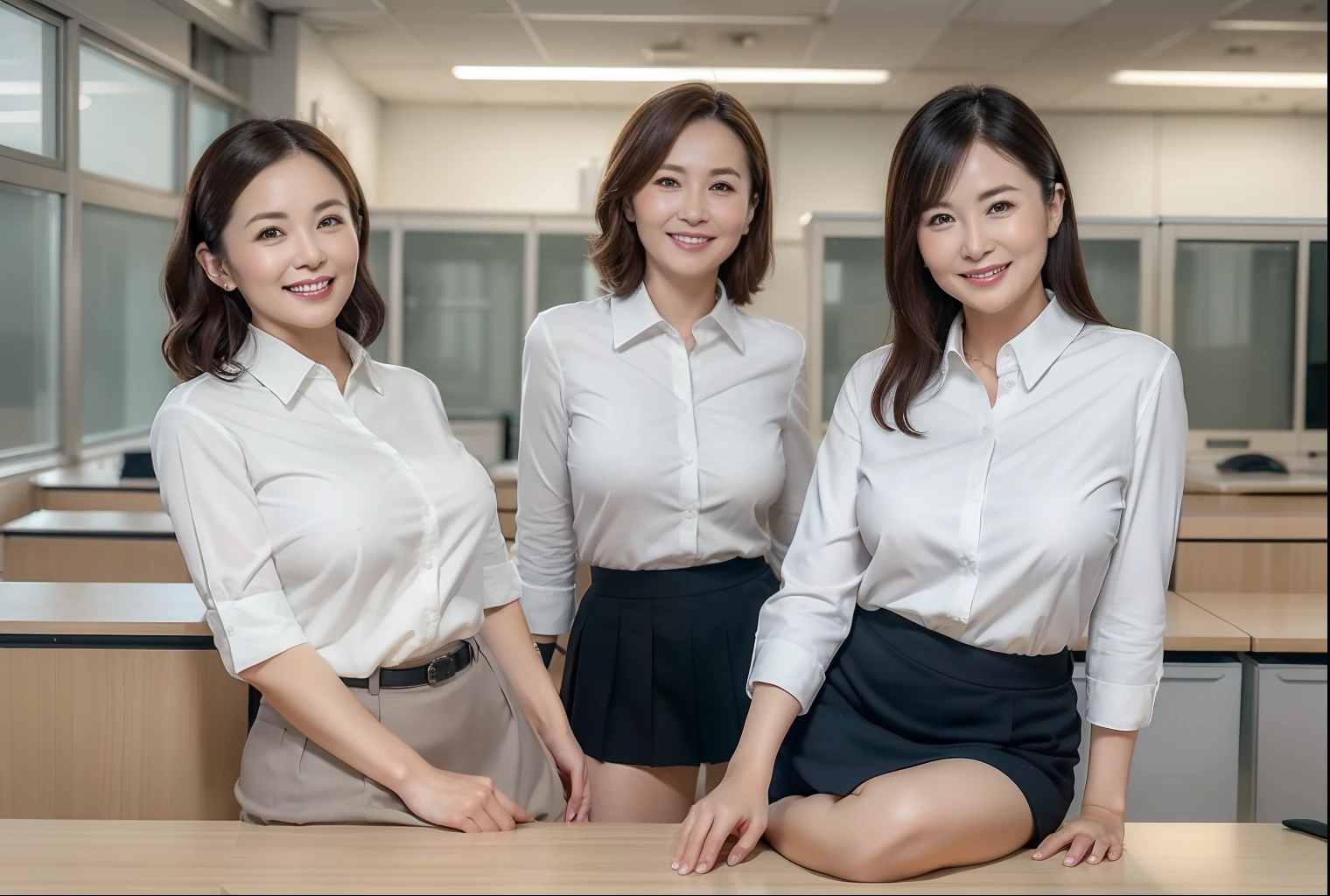 ((Best Quality, 8k, Masterpiece, Portrait: 1.3)), (looking at viewer), (full shot:0.85), attractive business 3 milfs, 3 people, white collared shirt, grey skirt, (big pelvis:0.3), (sitting with cross legs on office desks)), smile:0.2, office of CEO,