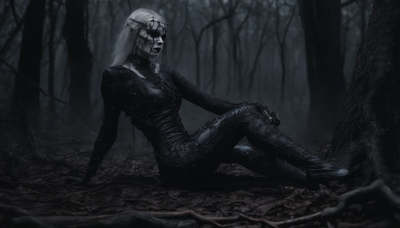 Pale white skin demon woman dressed in leather leotard kneeling on the ground in a dark forest, forest at night, ultra detailed, photorealistic, masterpiece.