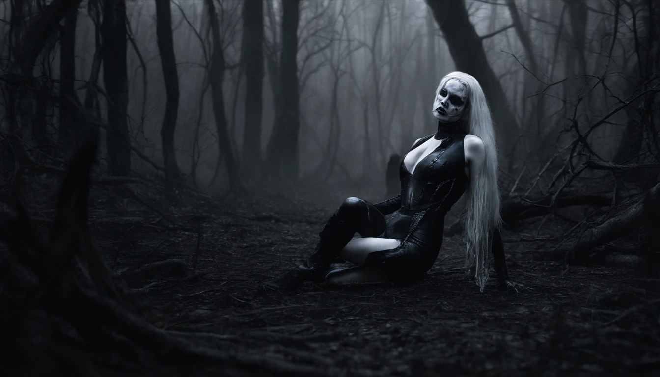 Pale white skin demon woman dressed in leather leotard kneeling on the ground in a dark forest, forest at night, ultra detailed, photorealistic, masterpiece.