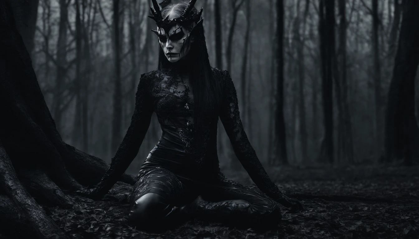 Pale white skin demon woman dressed in leather leotard kneeling on the ground in a dark forest, forest at night, ultra detailed, photorealistic, masterpiece.