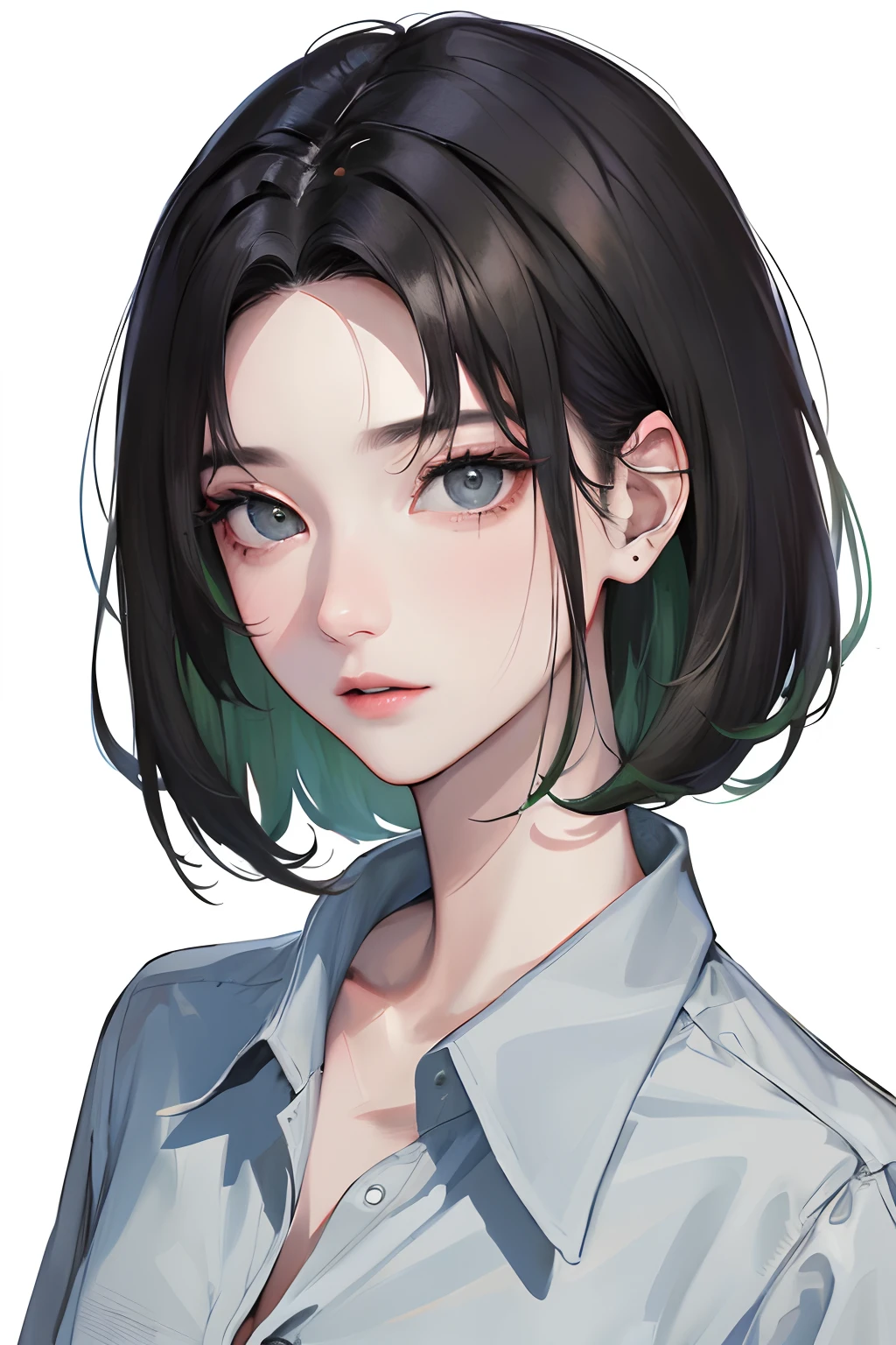 (Top resolution、Distinct_image)top-quality、femele、masterpiece、ighly detailed、Semi-realistic、Black short hair、Dark hair、grey eyes、bangss、21years old、Mature、年轻、Button-up shirt、Exquisite facial features、Facial features,green color