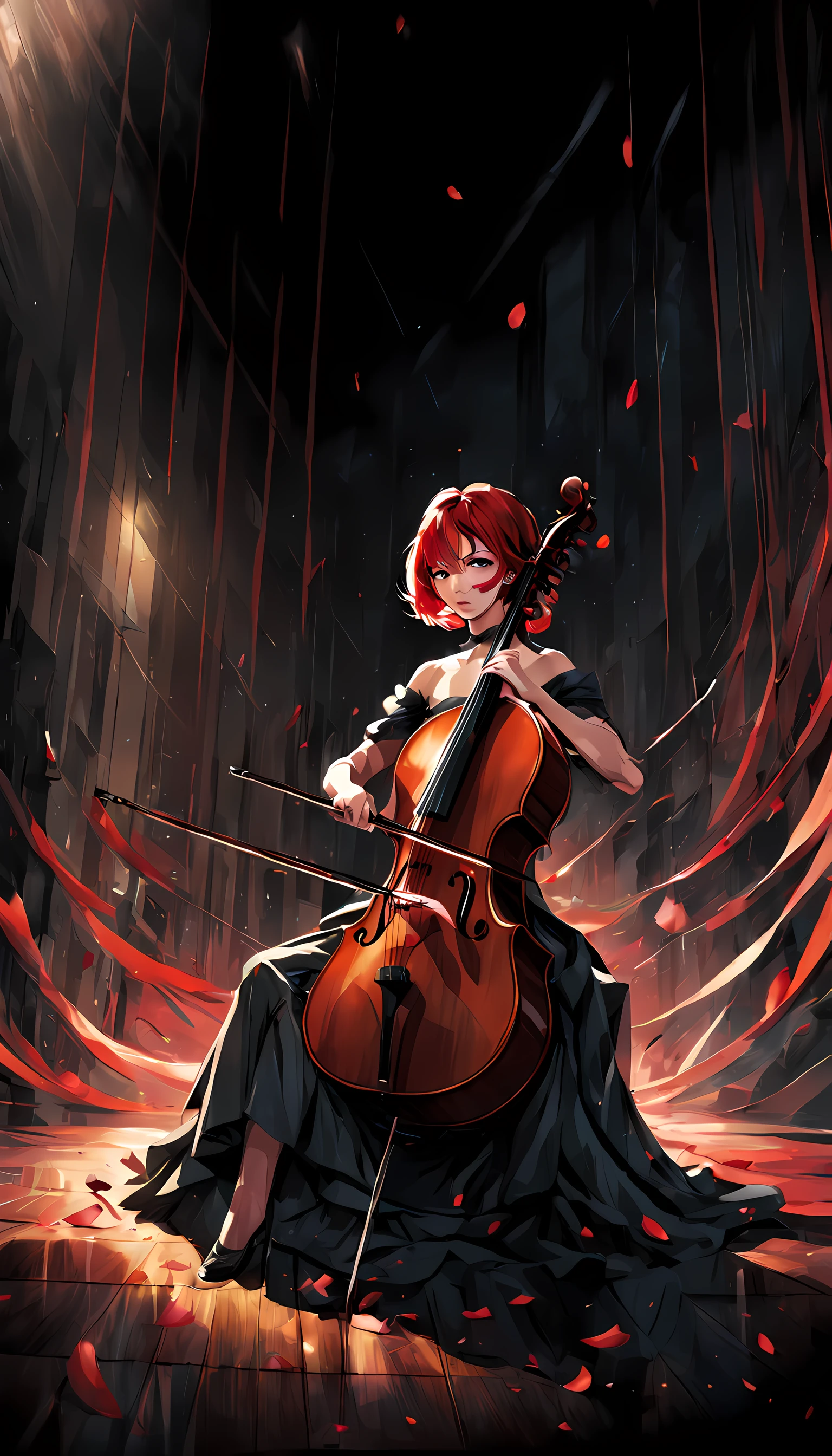 a intricate visual masterpiece about a woman playing a black cello, she is sitting, long cello, holding cello bow, red haired, modern, elegant, musical, (volumetric lighting), ghotic, cute, black dress, gloves, (perfect face), short hair,coloful hair, vibrant colors, cinematic,on a dark room, windows, traced litghs,a sad feeling, a elegant scene, tragic and beautiful, fragil, solo,alone,solitude, red petals,petals falling ,(gorgeous)