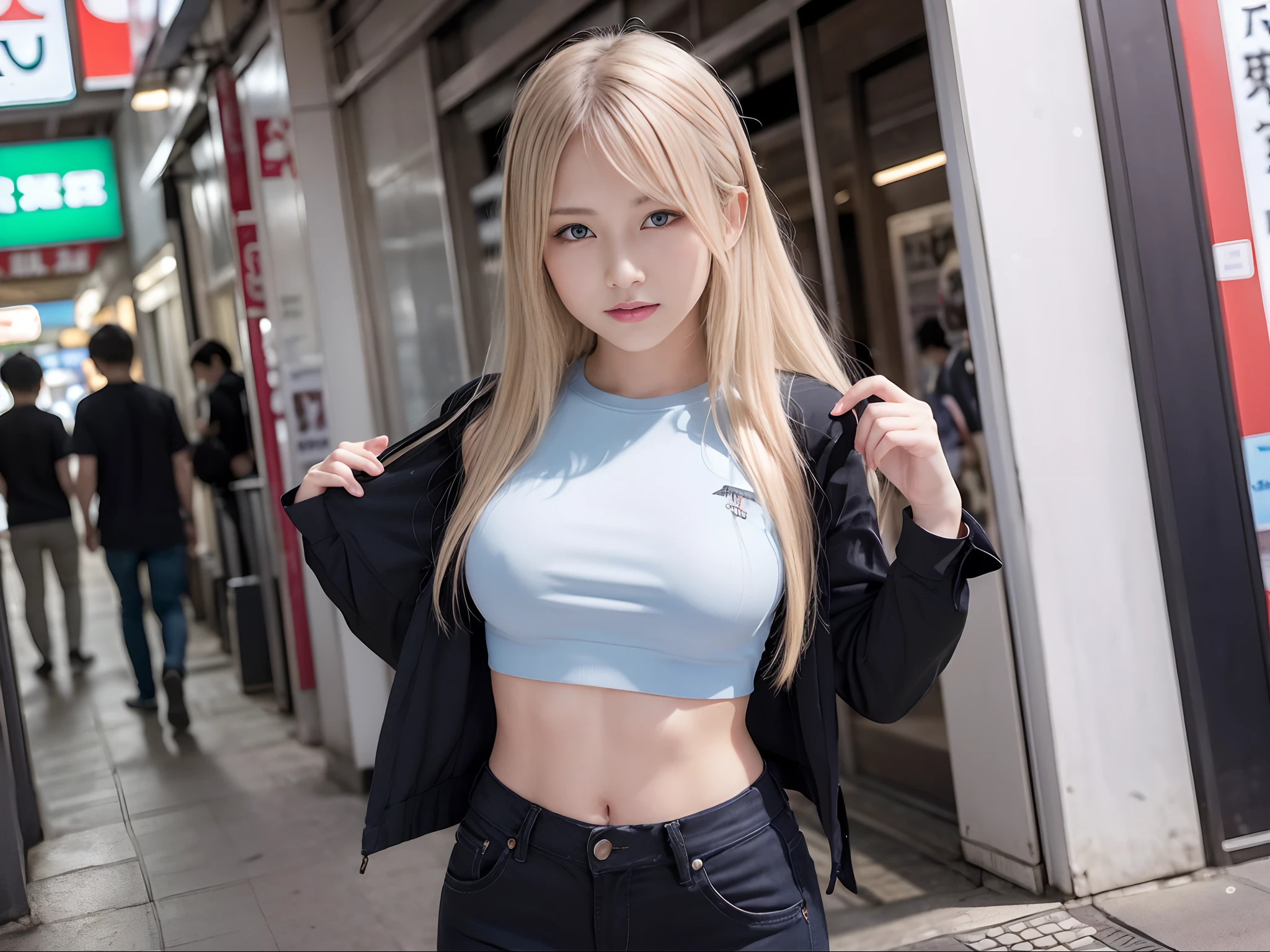 Sexy and very beautiful cute face、shiny beautiful skin、White beautiful skin、Beautiful pale light blue eyes, Beautiful very long blonde hair、(blondehair:1.3)、Lots of sexy bangs、18 years old cute little face beautiful girl、Thick long T-shirt、(Thick black long shirt:1.2)、casual pants、(dynamicposes:1.2)、(Crowded Akihabara 1.4)、Street、(natta:1.3)