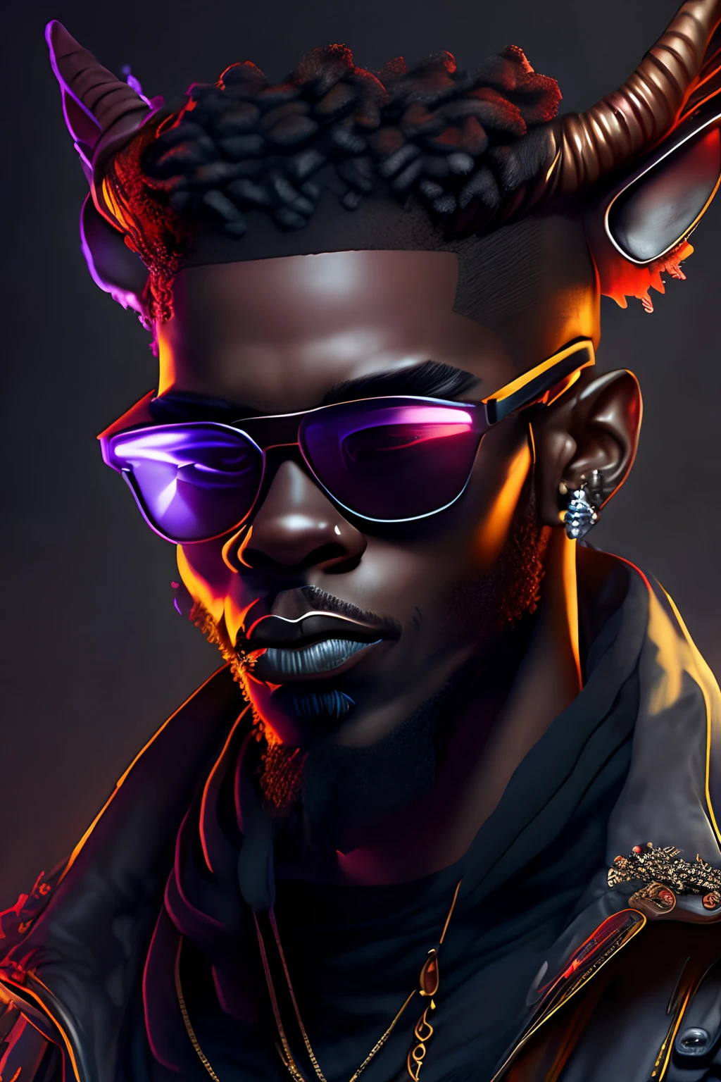hiphop estiloso, personagem na frente, Black faun with disdainful look wearing sunglasses, studiolight, luz de fundo, fone de ouvido gamer, cores vibrantes e escuras, otimo contraste, altamente detalhado, barba bem definida, DOESN'T WEAR JEWELRY, mostrando os dentes, orelha de fauno