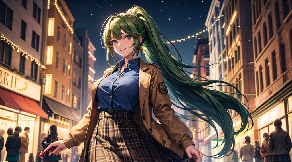 1girl, solo, full body, christmas, christmas tree, street, night, lights, giving gift, long hair, green hair, ponytail, large breasts, button down, ((opened brown short jacket)), dark blue eyes, ((blue shirt)), checked shirt, ((long skirt)), smile, looking at the viewer, standing