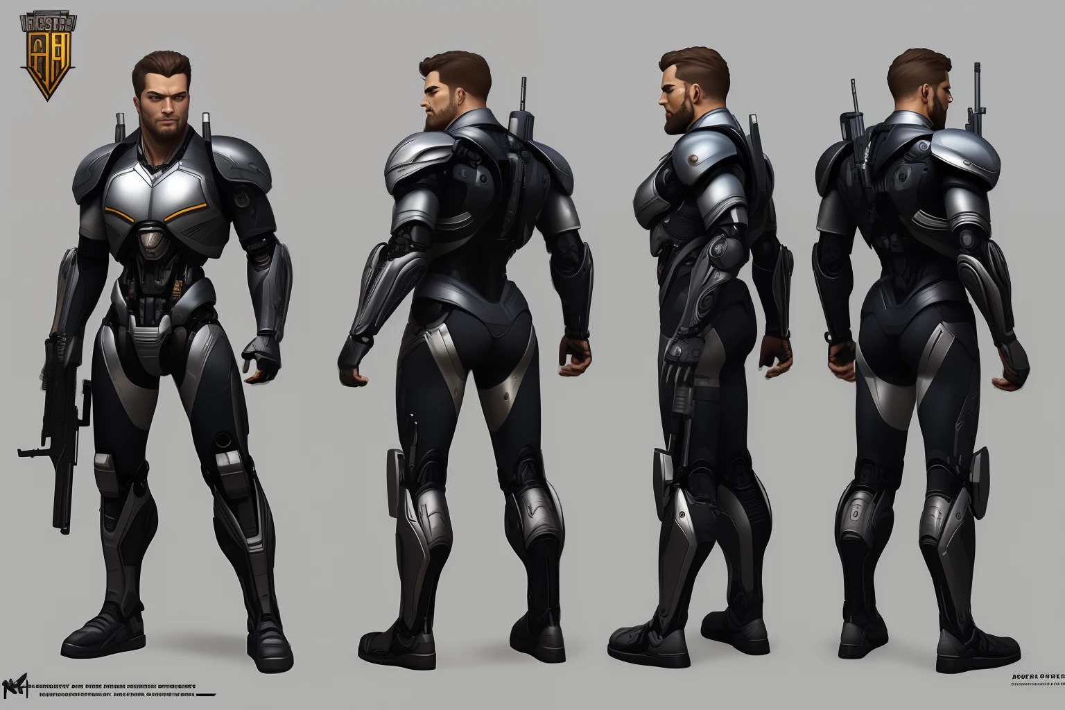 ((Masterpiece, Highest quality)), Detailed face, character design sheet full bodyesbian, Full of details, frontal body view, back body view, Highly detailed, Depth, Many parts, male cyborg with guns，full weapons, muscular, futuristic costumes, marksman