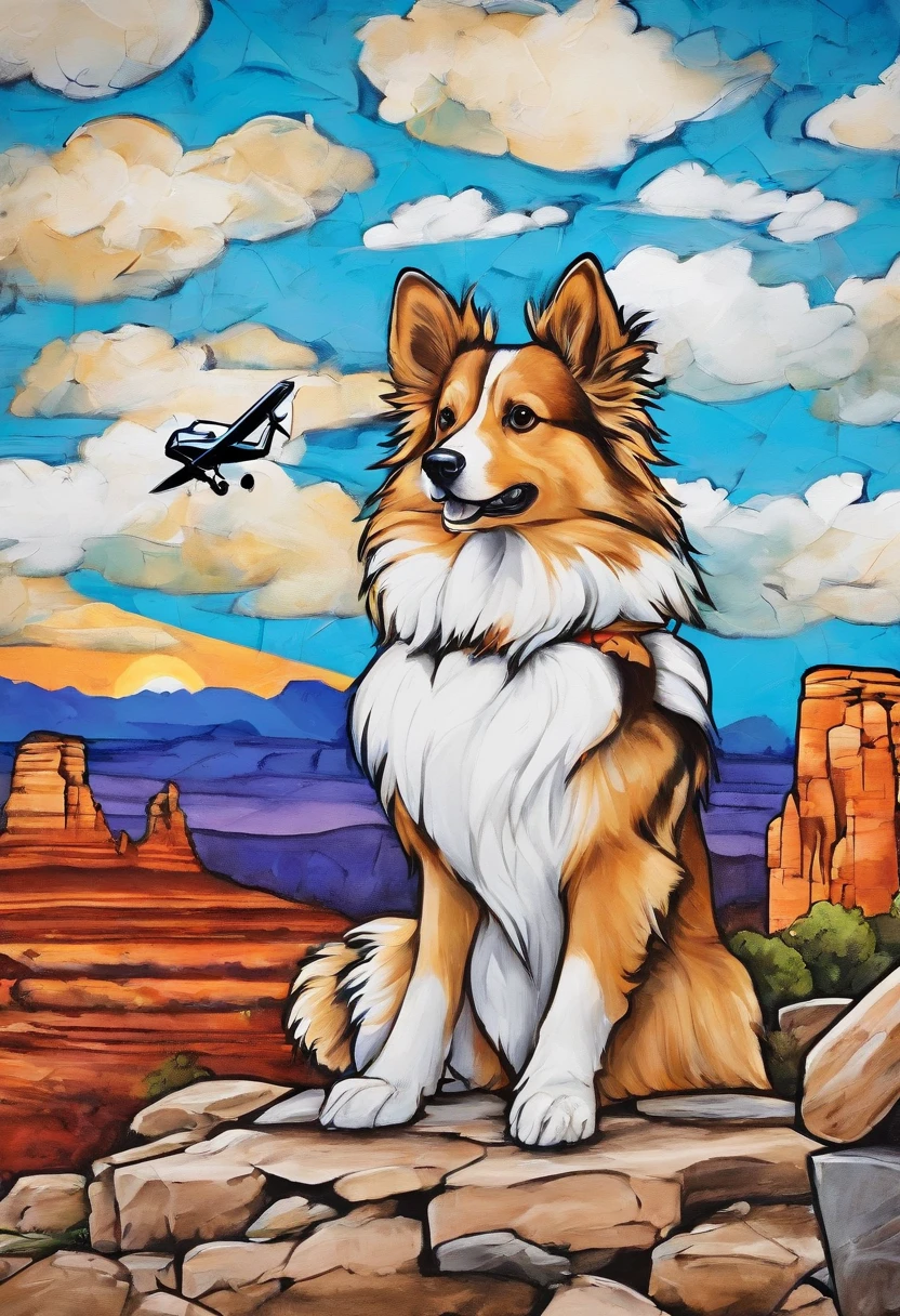 Sedona Arizona mountain ledge closeup of a Miniature Sheltie and a wooden cross in the ground next to it while a blue and white Piper Cherokee airplane flies in the sky overhead, with mesas in the background, sharp details, vivid watercolor style