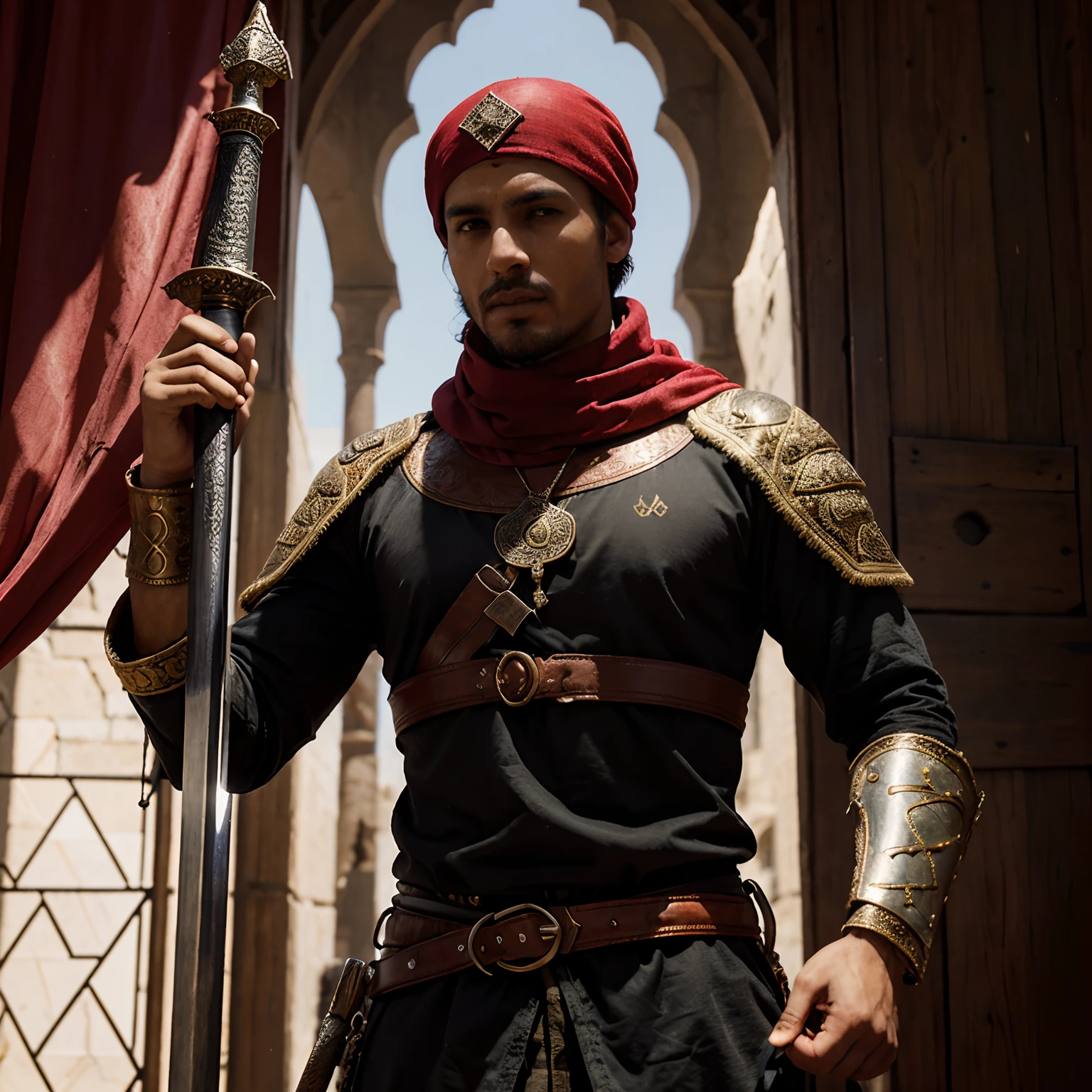 medieval berber morish Moroccan Andalousia man with a sword, red scarf of Moroccan flag, highly detailed character, high detail iconic character, fantasy assassin, male medieval assassin, holds a sword, bust portrait of an assassin, resin statue, medieval fantasy game art