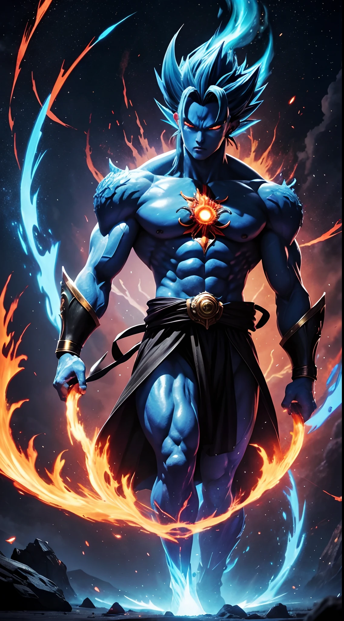 Get ready for a visual feast with the Blue Vageta God, a being with a handsome face and piercing red eyes. In his transformed state, he radiates extreme instinct and power, making for an epic anime about this energy man. Watch as he controls fire and lava in stunning anime artwork that will leave you in awe. This concept art is straight out of the Dragon Ball Universe, with a manga-style 8k wallpaper that will transport you to another dimension. Prepare to be amazed by this detailed digital anime art, showcasing the ultimate fusion of style and power.