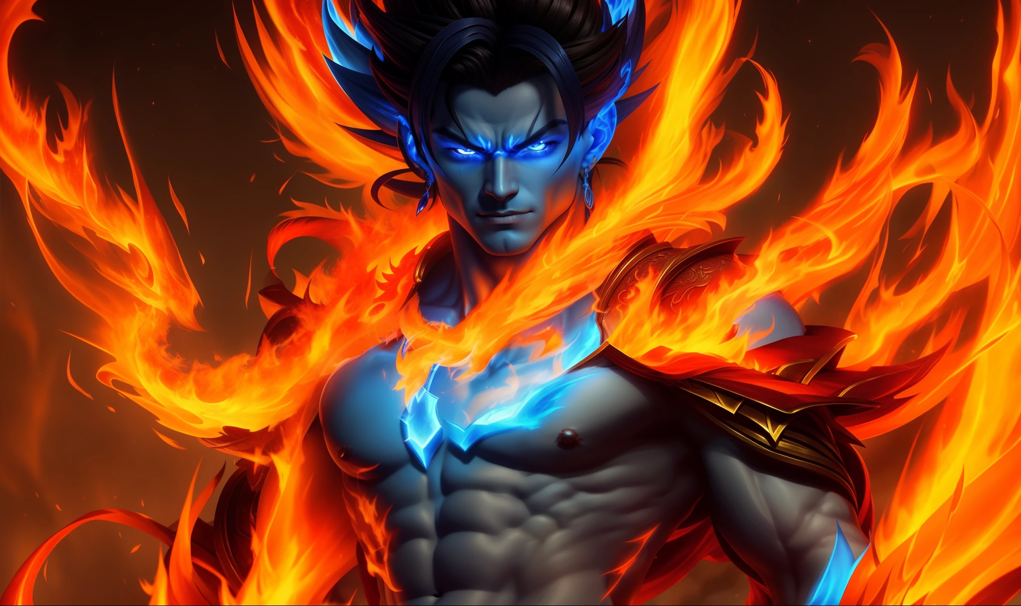 a close up of a man with a fire and flames on his chest, ne zha from smite, blue fire powers, male djinn man demon hybrid, epic fantasy art style, djinn man male demon, epic fantasy art style hd, extremely detailed artgerm, epic fantasy digital art style, heise jinyao, inspired by Li Kan