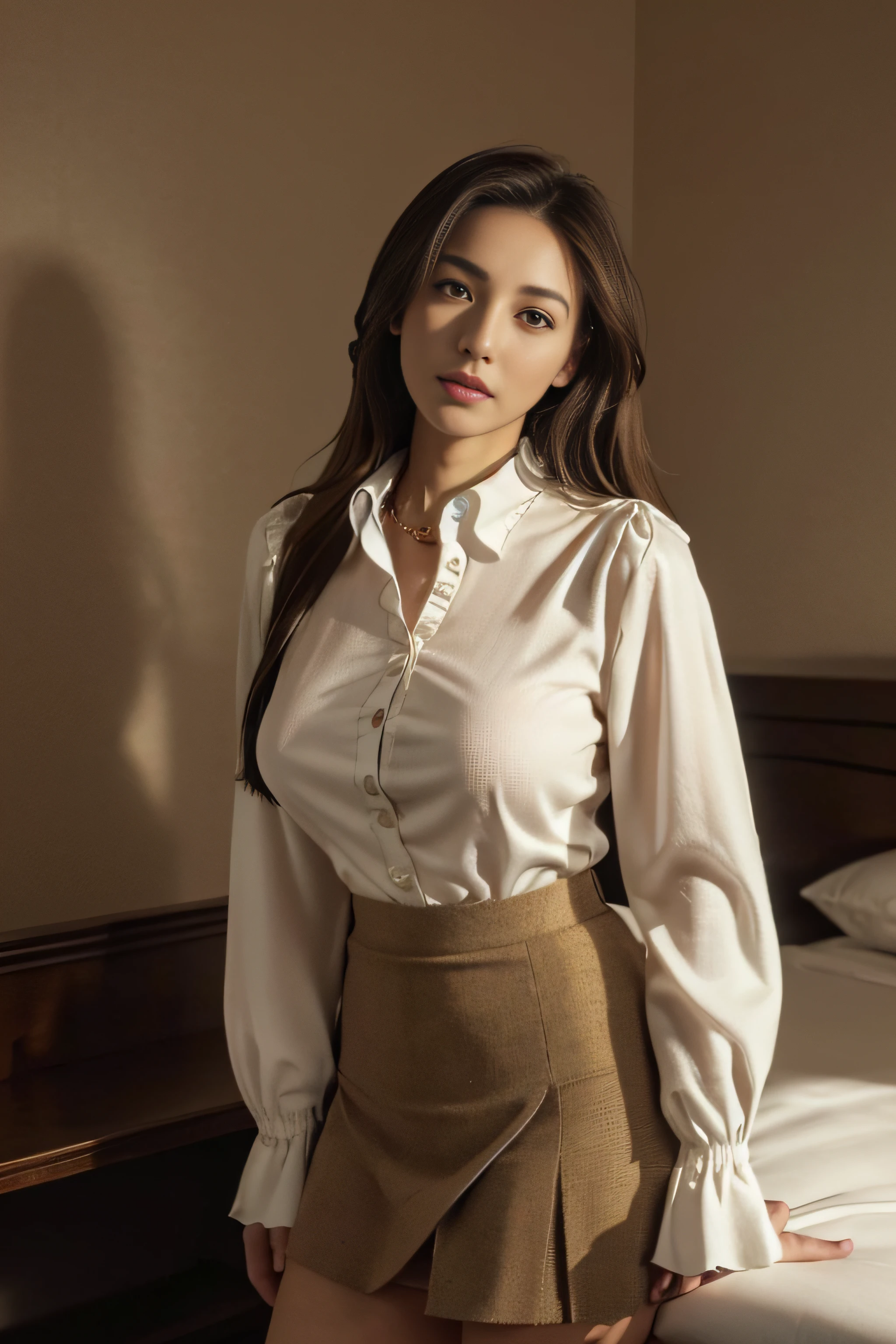 Best Quality,masutepiece,超A high resolution,(Photorealistic:1.4),Raw photo,(Authentic skin texture:1.3),(Film grain:1.3),the panorama,Character Portrait,Very Wide Shot,Narrow waist,Cowboy Shot,(In the Dark, deepshadow, lowkey, cold light,) Night,((Gold Necklace)),((slightly large breast:1.2))Streaming Tears,,Dust,Tindall Effect,(expression),beautiful detailed eyes and face,Brown eyes, ((Full body:1.2))((beautiful a girl:1.3)),((under wear:1.4)),((at hotel's room)),((Stylish hotel:1.2)),((Brown-colored super long hair:1.4)),((Working Women's Uniforms:1.2)),((White long-sleeved collared blouse with ruffles:1.2)),((A light blouse shows through the bra:1.2)),((See-through sleeves:1.2))((Brown tie:1.2)),((Brown mini tweed skirt:1.2)),((Rin々Stand up:1.2)),(((Slightly arched in the chest:1.2)))