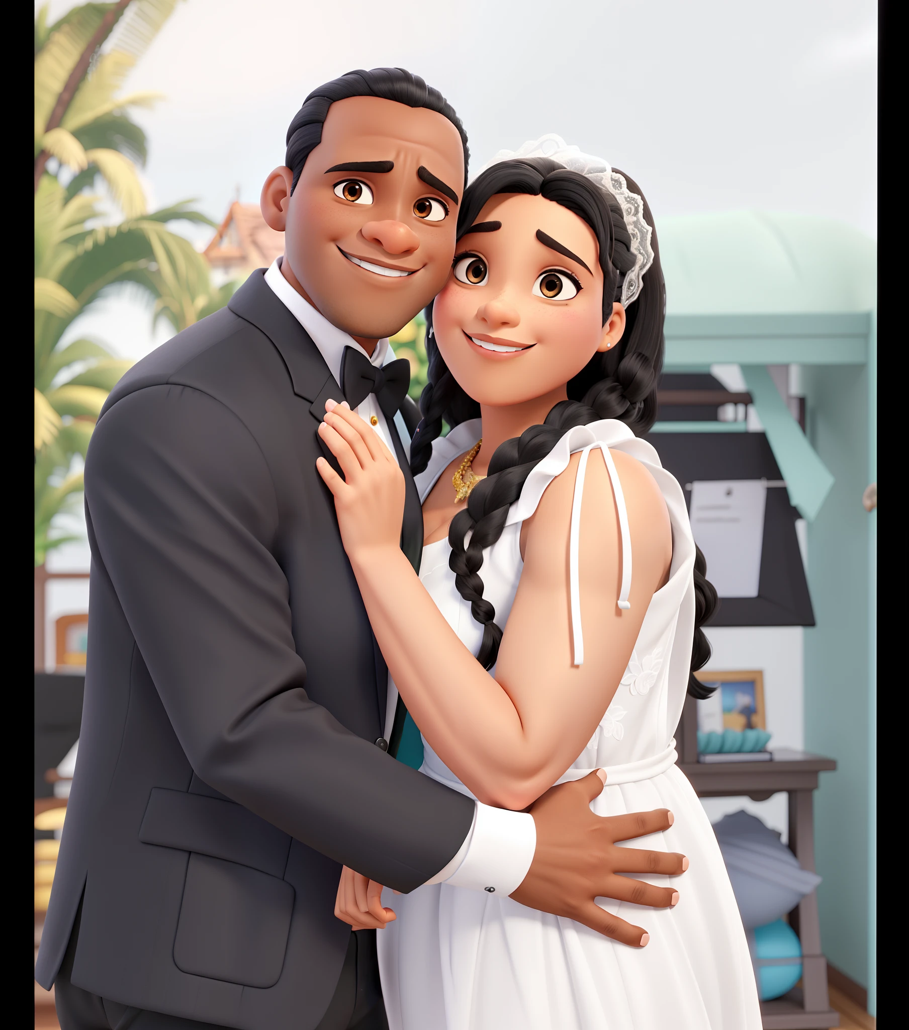 Um homem negro , uma mulher branca de cabelo preto no casamento, no estilo Disney pixar, alta qualidade, melhor qualidade