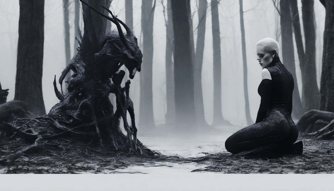 Pale white skin demon woman dressed in leather leotard kneeling on the ground in a dark forest, forest at night, ultra detailed, photorealistic, masterpiece.