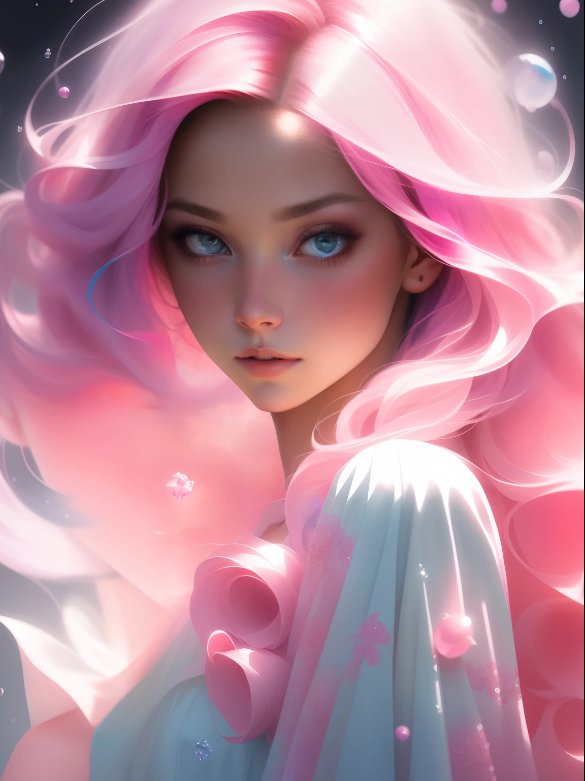 Explore the ethereal beauty of a young woman named Aurora Moonstone, captured in a stunning realistic photograph. Her bubblegum pink hair falls in soft waves, and her eyes sparkle with a mix of random colors, reflecting her ever-changing emotions. She wears an exquisite dress adorned with hyperdetailed paintings inspired by luminism, bringing a sense of magical light and depth to the artwork.