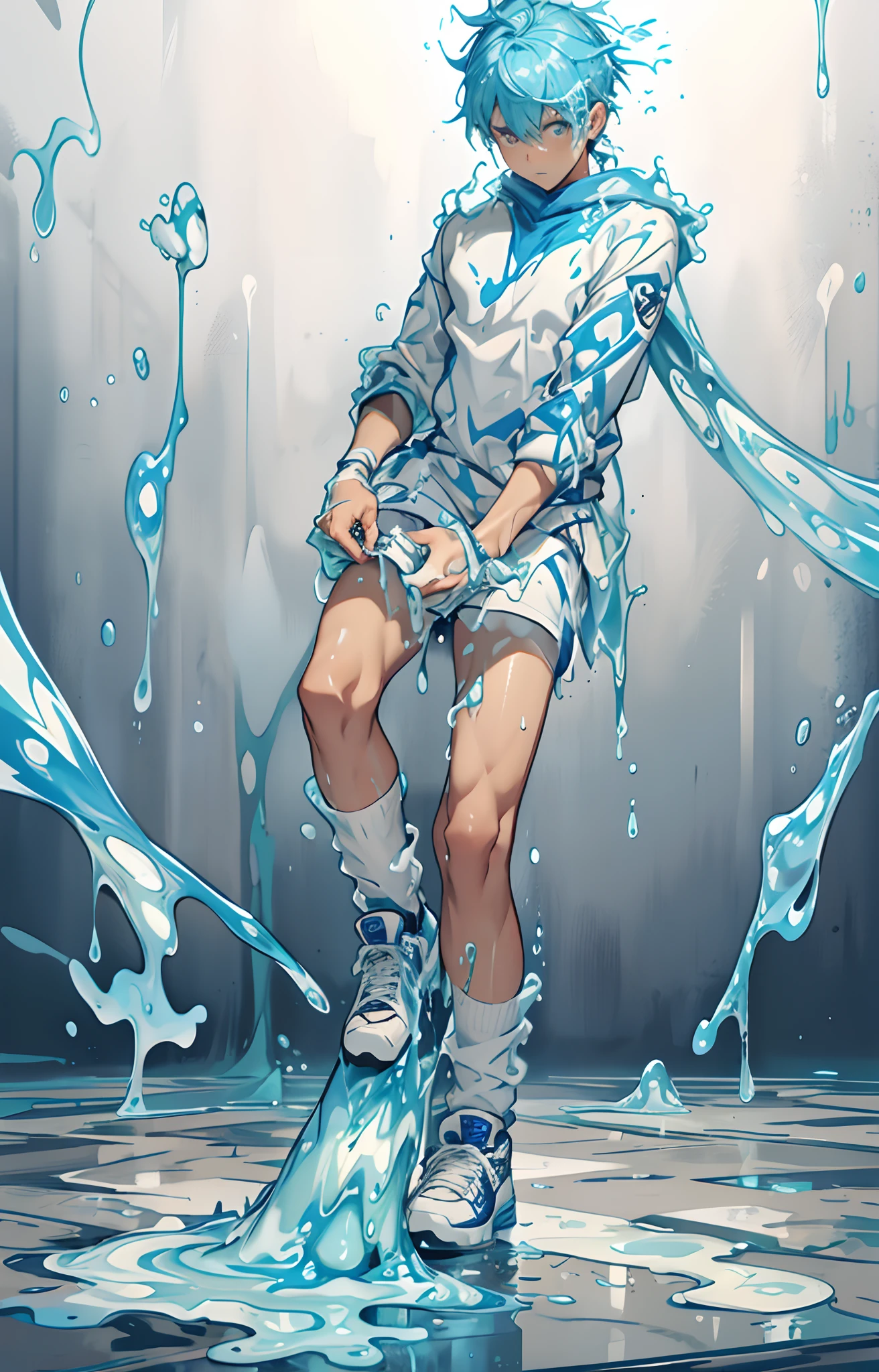 Lots of glue, blue liquid glue, sticky, covered in glue, glue strands, slime liquid, high top sneakers, high top shoes, shoes covered in glue,Full body, , basketball uniform, struggling, shocked expression, hands pulling on leg, high quality, master piece, standing, handsome boy, look down at his feet, feet stuck in glue, white socks, high top sneakers, proper anatomy, shocked, panic, trying to lift his leg, can't move, struggling, trapped,liquid blue glue, better face, anime face, shocked expression, long white socks, glue trap, slime, clingy gluey slime, liquid glue, liquid slime, slime strand, sticky, a lot of glue, more glue, slimy gluey shoes, sticky, very sticky, sticky stuck, boy anime, anime boy