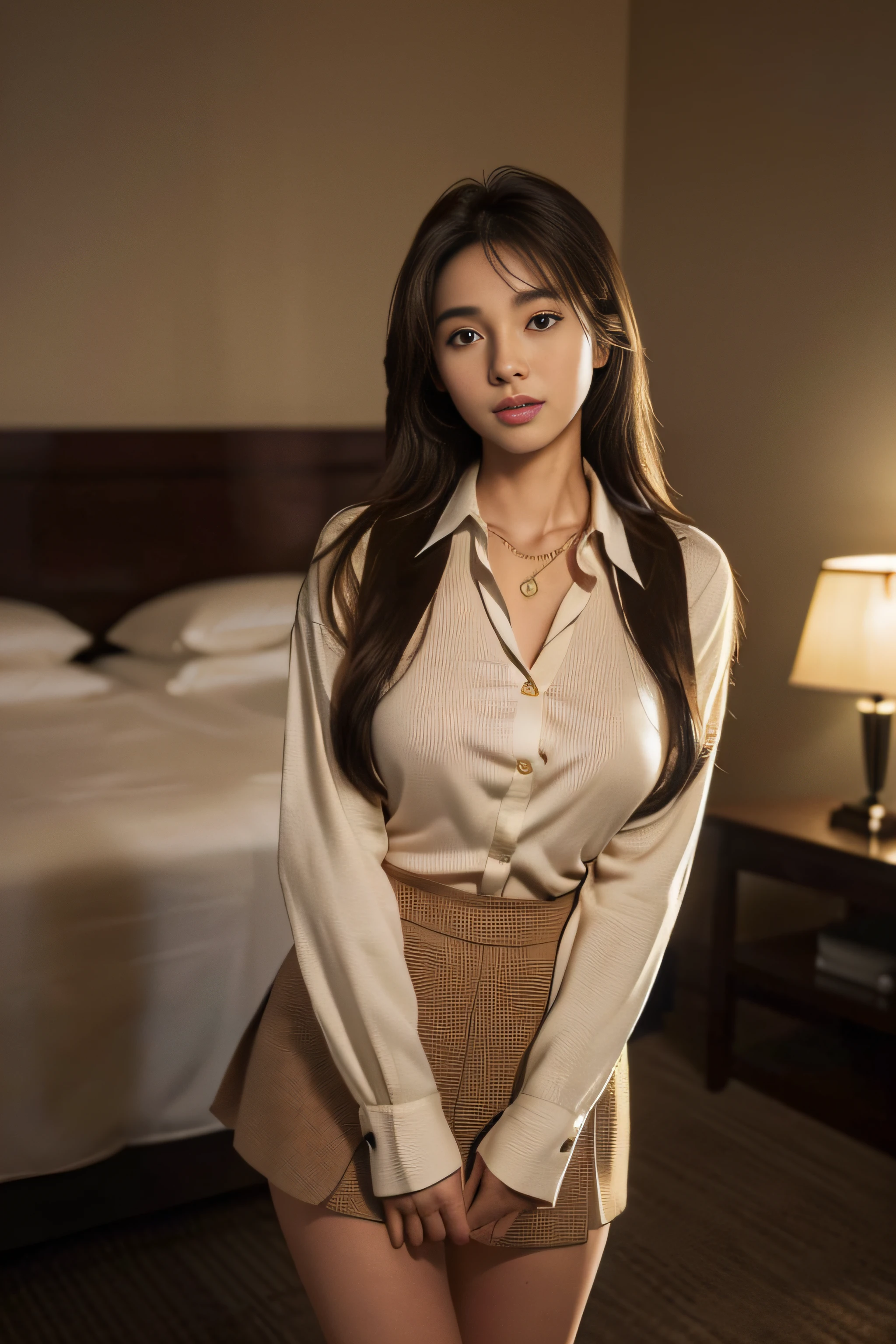 Best Quality,masutepiece,超A high resolution,(Photorealistic:1.4),Raw photo,(Authentic skin texture:1.3),(Film grain:1.3),the panorama,Character Portrait,Very Wide Shot,Narrow waist,Cowboy Shot,(In the Dark, deepshadow, lowkey, cold light,) Night,((Gold Necklace)),((Just the right size breasts:1.2))Streaming Tears,,Dust,Tindall Effect,(expression),beautiful detailed eyes and face,Brown eyes, ((Full body:1.2))((beautiful a girl:1.3)),((under wear:1.4)),((at hotel's room)),((Stylish hotel:1.2)),((Brown-colored super long hair:1.4)),((Working Women's Uniforms:1.2)),((White long-sleeved collared blouse:1.2)),((Brown tie:1.2)),((Brown mini tweed skirt:1.2)),((Rin々Stand up:1.2)),(((Slightly arched in the chest:1.2)))