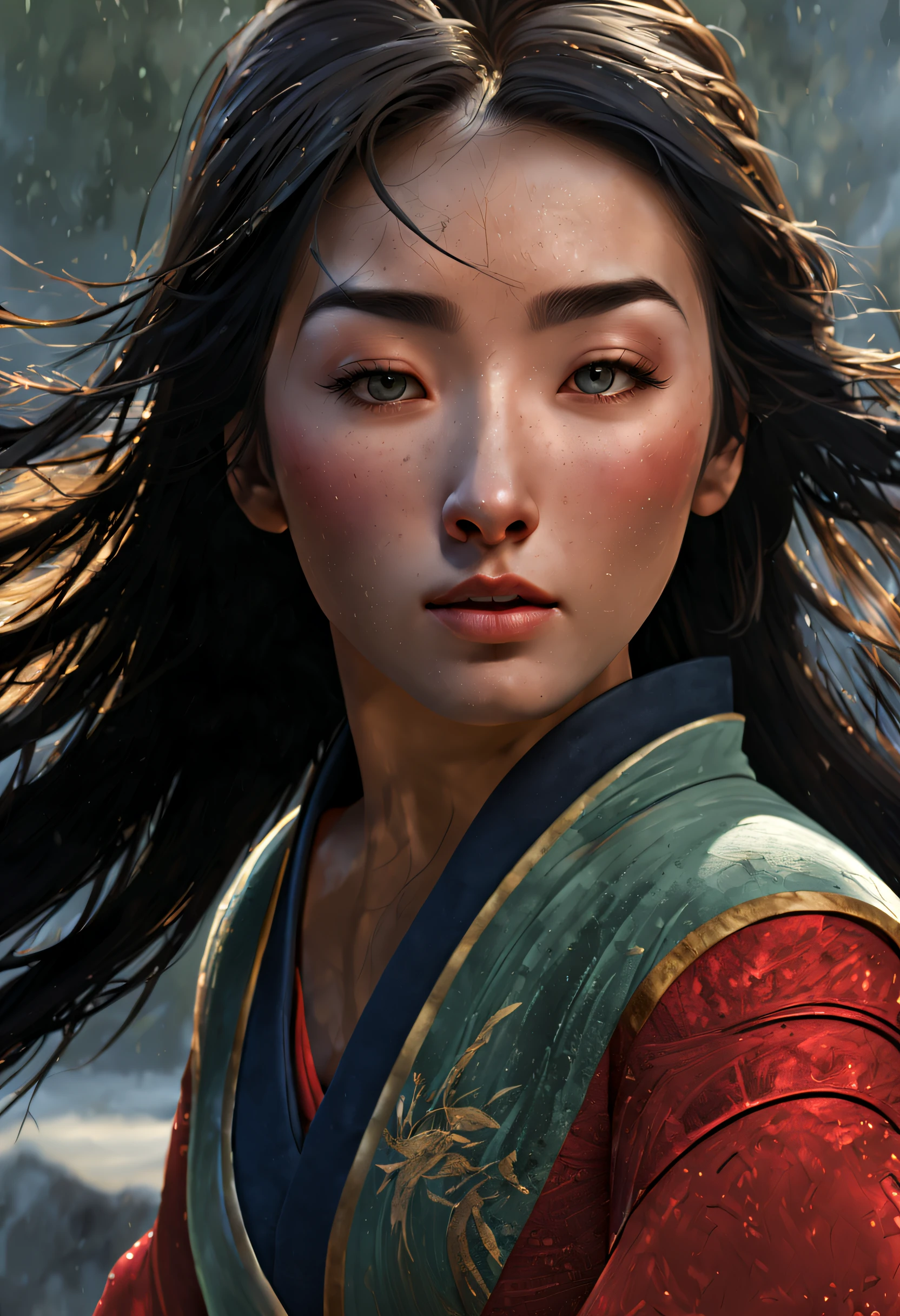 a 3D render (Close-up of Mulan holding a sword), （A longsword that glows with cold light：1.2），（A sword with a dragon pattern），The surface of the sword is as smooth as a mirror，Cold light flashes，The hilt of the sword is inlaid with precious jade and wood，The upper body wears dark blue armor made of fish scales and iron， The armor was also inlaid with golden stars，floral embroidery，Cloak decorated in black and gold， Very long hair, Ebony hair, Big black eyes, Long eyelashes, Sexy red lips, Resolute expression, disney movie《Mulan》, Martial arts, Kungfu, Chinese exquisite clothing, ， 
1 Mulan, Solo, Ancient wind，Glowing, two tone color hair, Glowing eyes, Mulan composed of red light, Mulan made up of black smoke, Black-haired Mulan，White-haired Mulan，Mulan with blue eyes glowing，Mulan，The eyes are green, Mulan in dark blue armor，Mulan in golden armor , Background with: It was snowing heavily，It was snowing heavily，It was snowing heavily in the sky， Hurricane weather，vortex,,{{Masterpiece}}, {{{Best quality}}},{{Ultra-detailed}}, {{illustration}},{{Disheveled hair}},{{Masterpiece}},{{{Best quality}}},{{Ultra-detailed}}, {{{illustration}}},{{Disheveled hair}},Clear facial features,close up photograph,,Alphonse Mucha,Pixar style,Cartoon style,beatrix potter ,Refined atmosphere,Intense atmosphere, microscopic view,Close-up(CU),Extreme closeup,back Lighting,