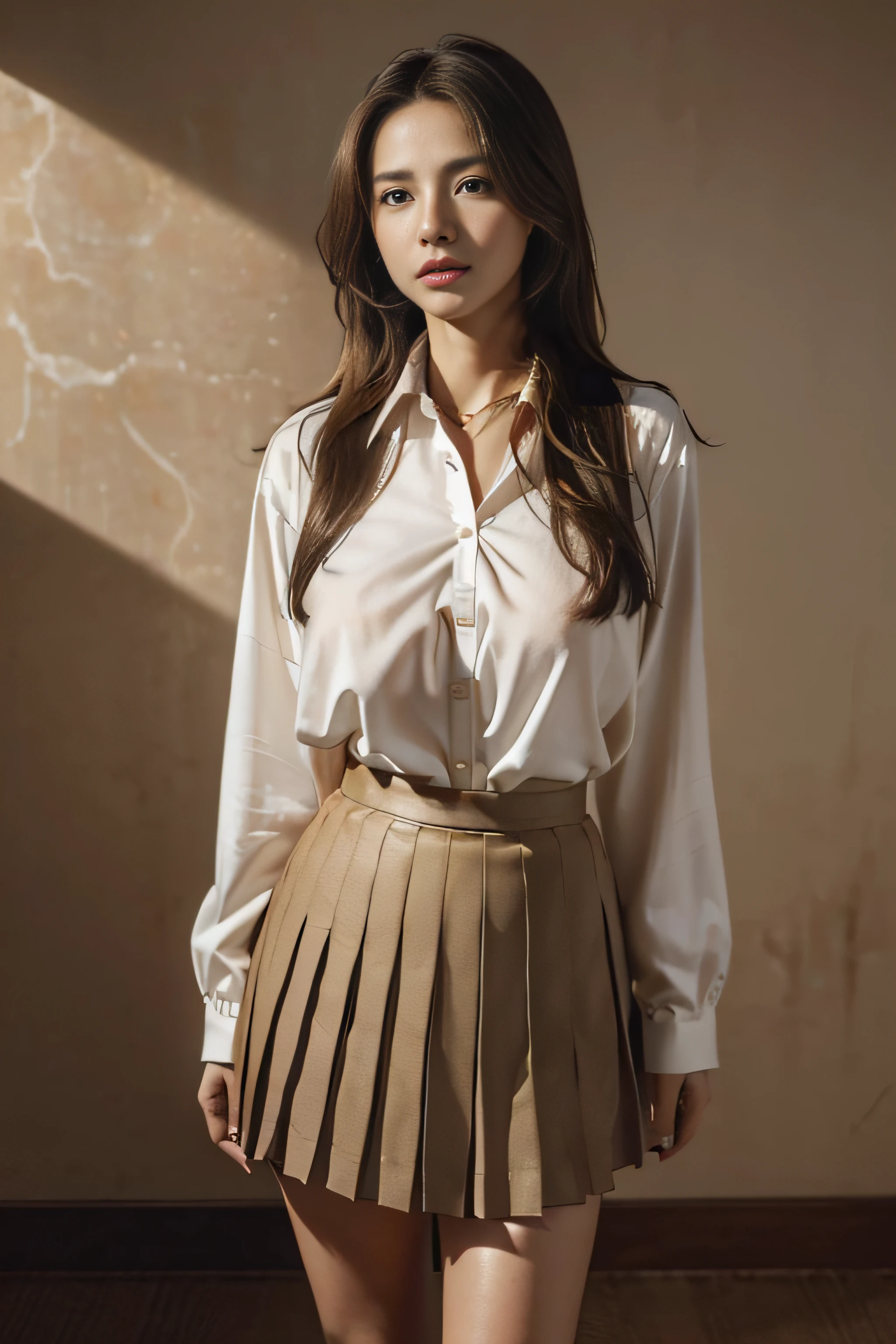 Best Quality,masutepiece,超A high resolution,(Photorealistic:1.4),Raw photo,(Authentic skin texture:1.3),(Film grain:1.3),the panorama,Character Portrait,Very Wide Shot,Narrow waist,Cowboy Shot,(In the Dark, deepshadow, lowkey, cold light,) Night,((Gold Necklace)),((Just the right size breasts:1.2))Streaming Tears,,Dust,Tindall Effect,(expression),beautiful detailed eyes and face,Brown eyes, ((Full body:1.2))((beautiful a girl:1.3)),((under wear:1.4)),((On the bet:1.4)),((Stylish hotel:1.2)),((Brown-colored super long hair:1.4)),((high-school uniform:1.2)),((White long-sleeved collared blouse:1.2)),((Brown mini pleated skirt:1.2)),((Rin々Stand up:1.2)),(((Slightly arched in the chest:1.2)))