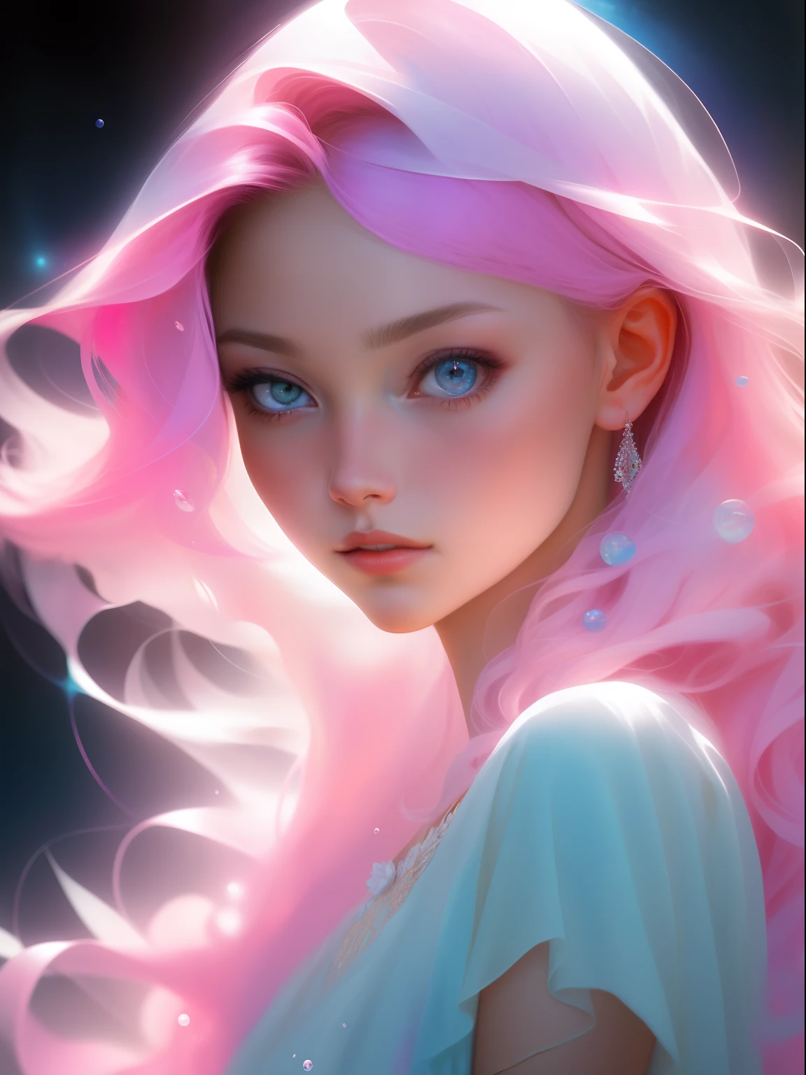 Explore the ethereal beauty of a young woman named Aurora Moonstone, captured in a stunning realistic photograph. Her bubblegum pink hair falls in soft waves, and her eyes sparkle with a mix of random colors, reflecting her ever-changing emotions. She wears an exquisite dress adorned with hyperdetailed paintings inspired by luminism, bringing a sense of magical light and depth to the artwork.