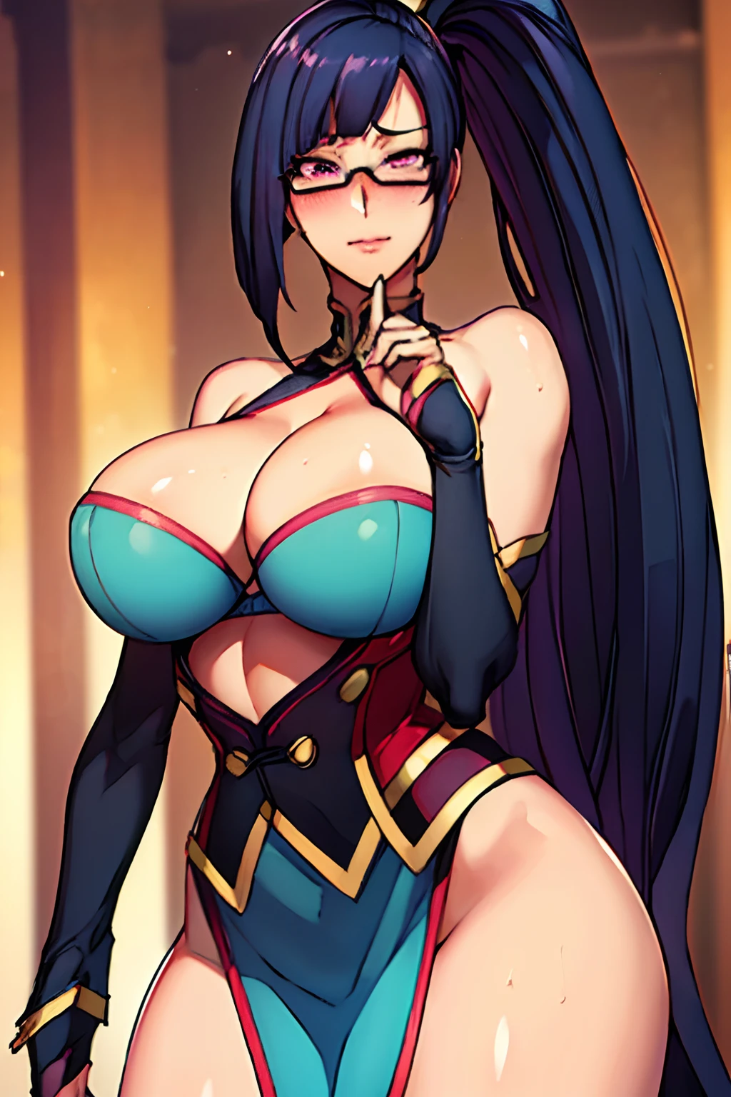 (focus on whole body), (cowboy shot), outdoor, (standing pose), tempting pose, sexy pose, arms grabbing breasts, (blushing face:1.4), smiling,cyan dress, (doctor dress 0.5), cleavage cutout, clothing cutout, bare shoulders, semi-rimless eyewear, black hair, very long hair, ponytail,Bangs,purple eyes, 1 girl, 20yo,Young female,Beautiful Finger,Beautiful long legs,Beautiful body,Beautiful Nose,Beautiful character design, perfect eyes, perfect face,expressive eyes,perfect balance, (innocent_big_eyes:1.0), official art,extremely detailed CG unity 8k wallpaper, perfect lighting,Colorful, Bright_Front_face_Lighting,shiny skin, (masterpiece:1.0),(best_quality:1.0), ultra high res,4K,ultra-detailed, photography, 8K, HDR, highres, absurdres:1.2, Kodak portra 400, film grain, bokeh:1.2, lens flare, (vibrant_color:1.2),professional photograph, (Beautiful,large_Breasts:1.4), (beautiful_face:1.5)