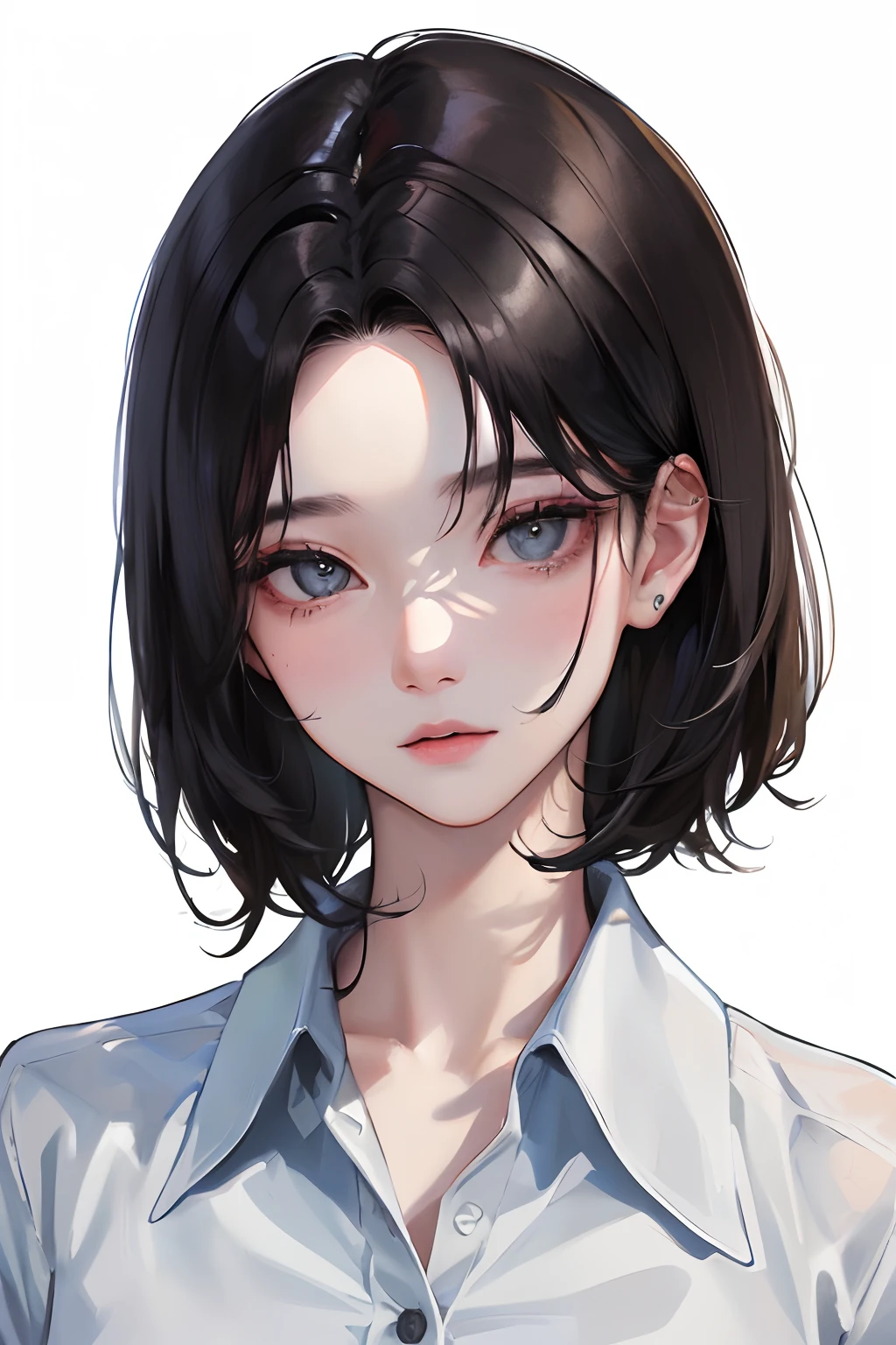 (Top resolution、Distinct_image)top-quality、femele、masterpiece、ighly detailed、Semi-realistic、Black short hair、Dark hair、grey eyes、bangss、21years old、Mature、年轻、button-up shirt、Exquisite facial features、Facial features