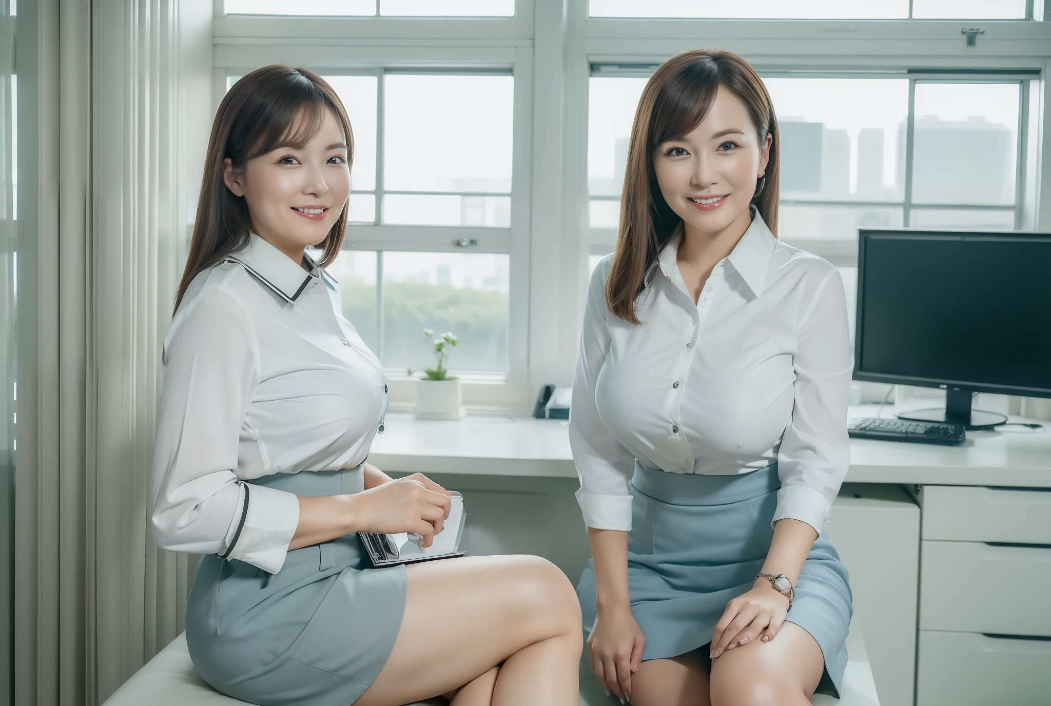 ((Best Quality, 8k, Masterpiece, Portrait:1.3)), (looking at the viewer), (full shot:1), attractive business 3 milfs, 3 people, white collared shirt, grey skirt, black stocking, (big pelvis:0.5), (sitting with cross legs on office desks)), smile:0.2, office of CEO,
