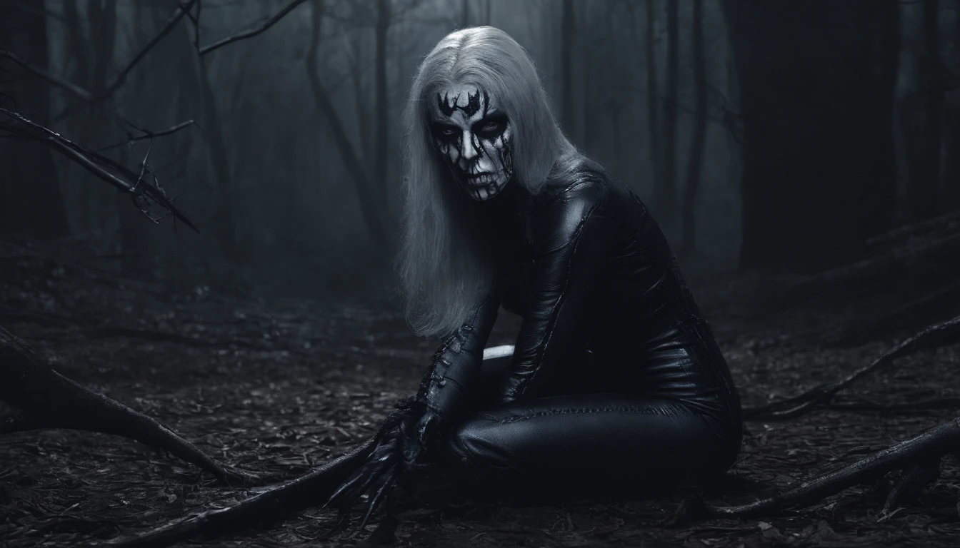 Pale white skin demon woman dressed in leather leotard kneeling on the ground in a dark forest, forest at night, ultra detailed, photorealistic, masterpiece.