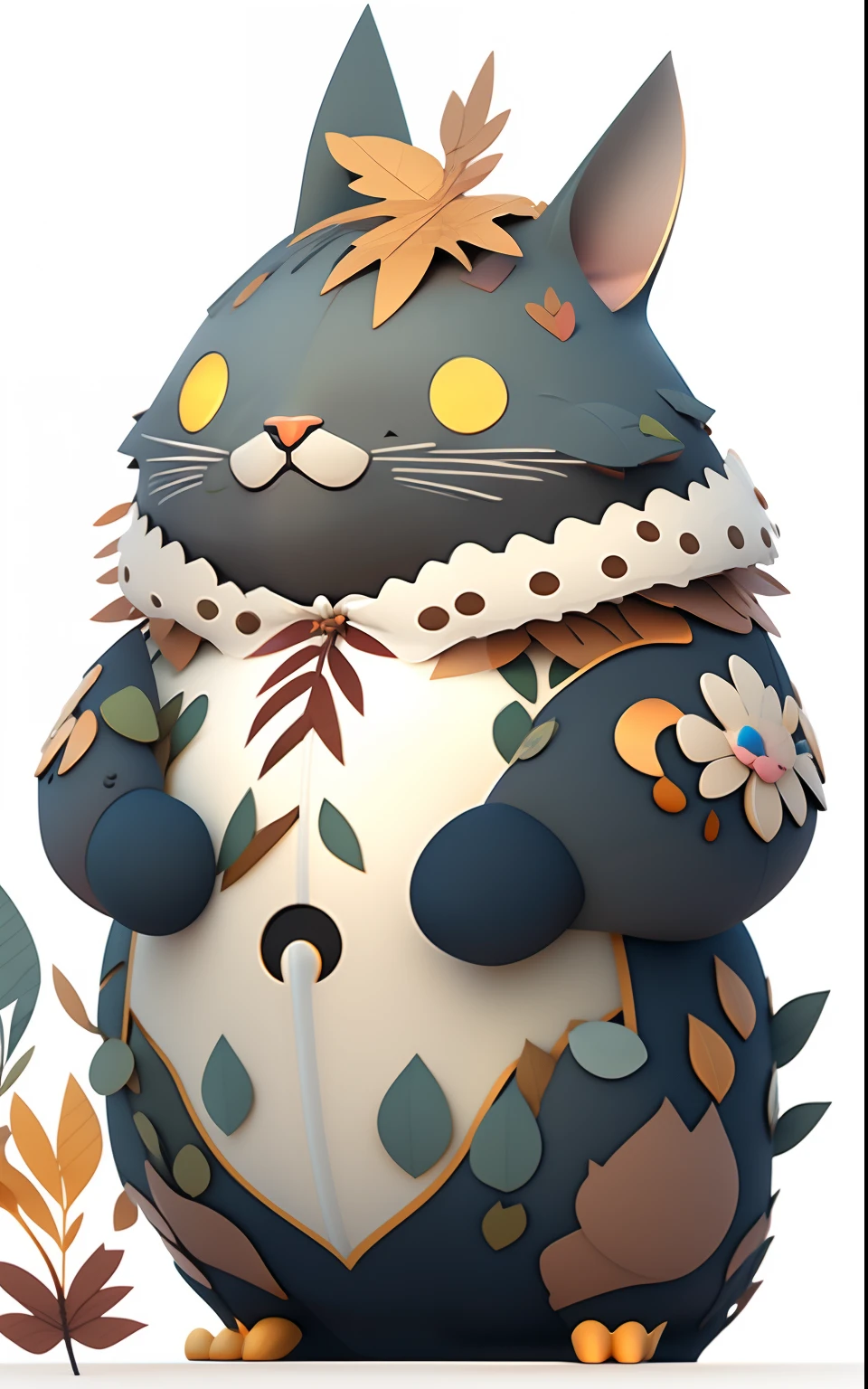 The render features a cartoon character with a bush on his head,There are paper crafts with a cat and a cat with leaves, Cute detailed digital art, cat detailed, fat chibi grey cat, character art closeup, Great character design, Official concept art, 3 d render official art, official character art, cute detailed artwork, Sora as a cat, anime visual of a cute cat, official character illustration, official render